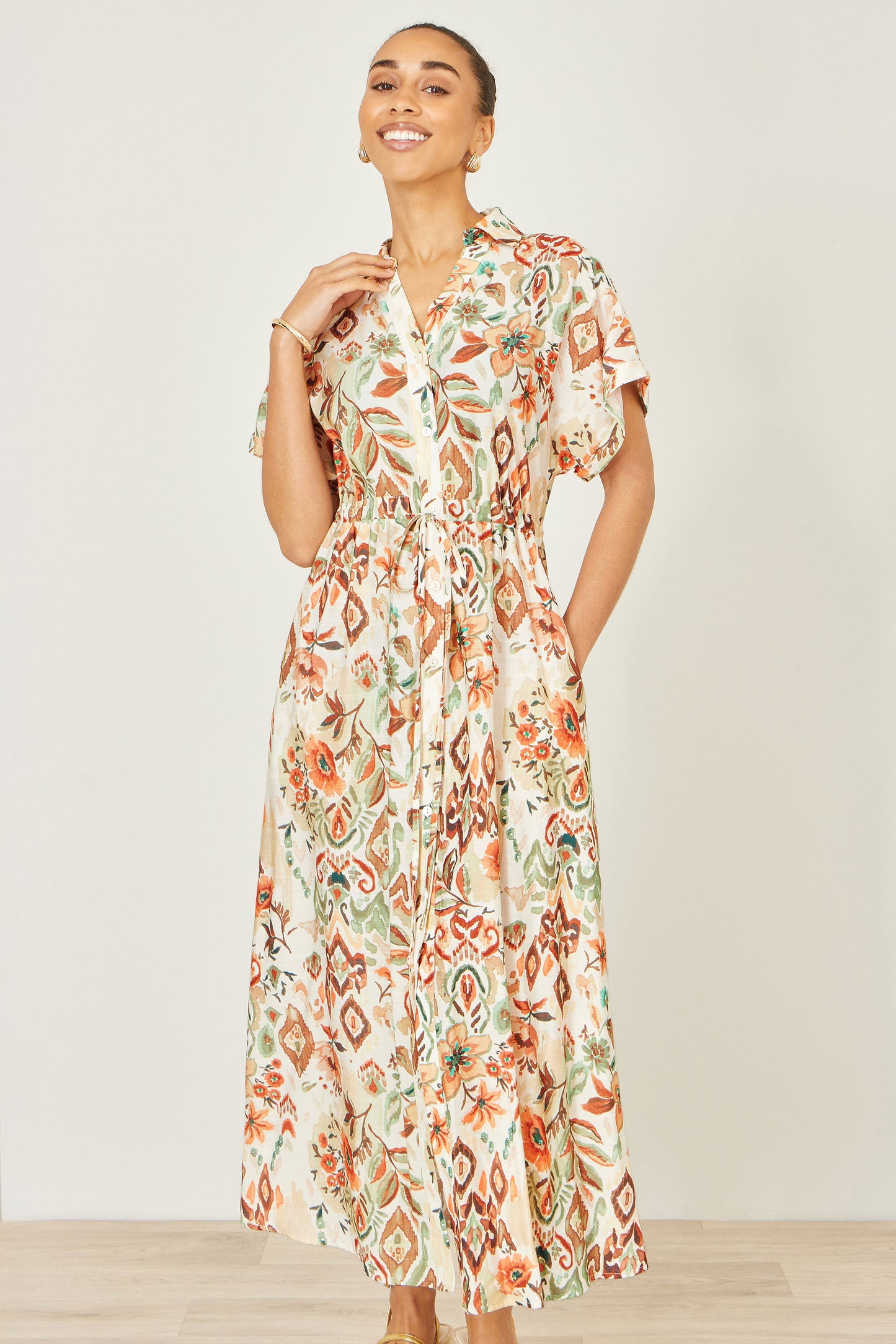 Yumi Ivory Viscose Relaxed Boho Print Maxi Shirt Dress Dress Casual Yumi