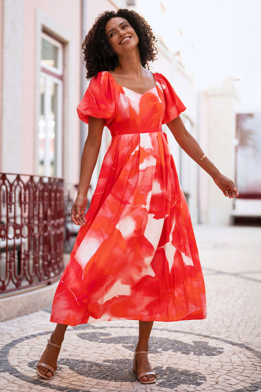 Yumi Red Viscose Floral Midi Dress With Puff Sleeves Dress Occasion Yumi
