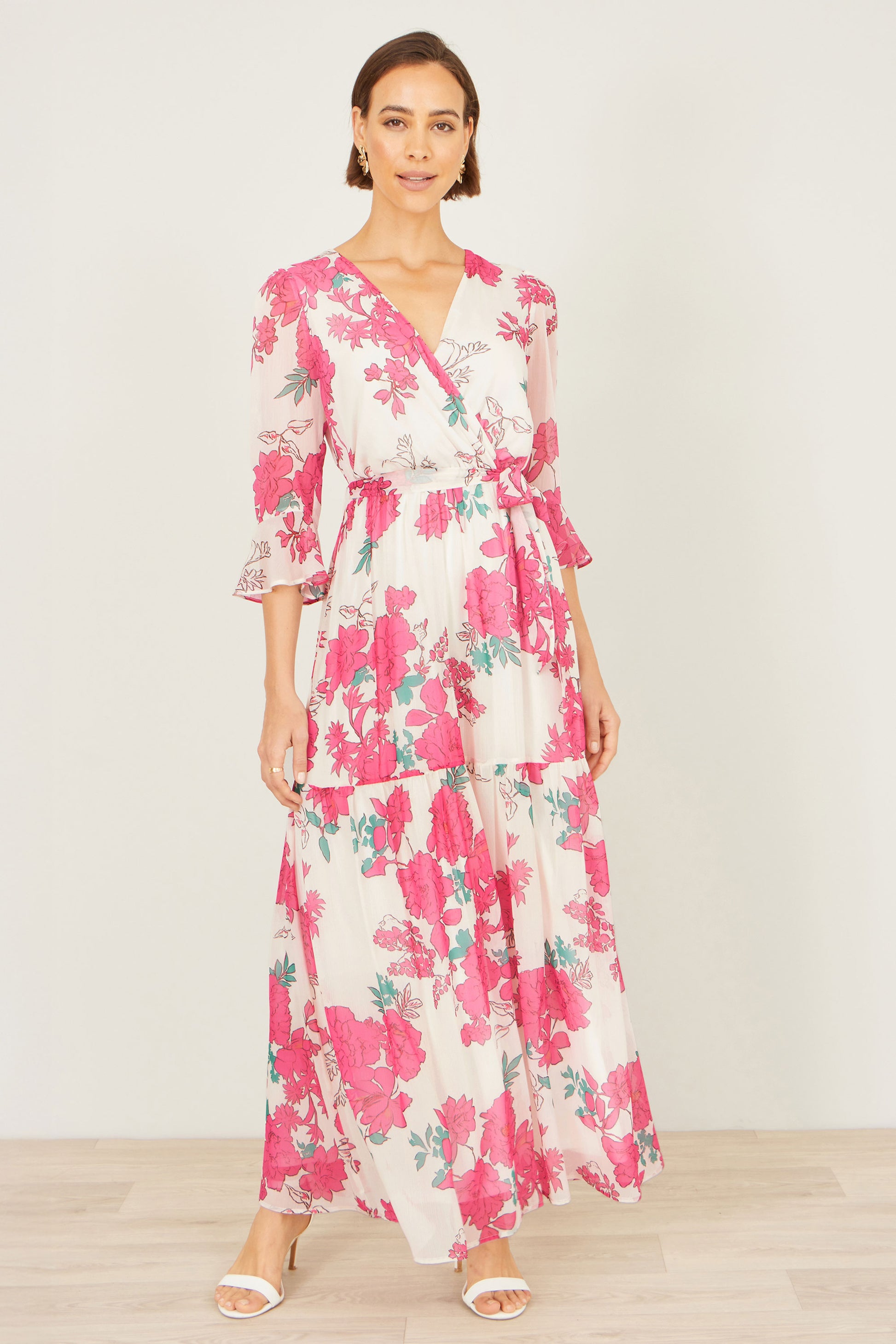 Yumi Pink Blossom Print Maxi Wrap Dress Dress Occasion Yumi