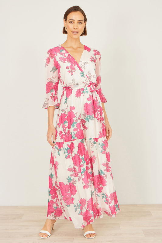 Yumi Pink Blossom Print Maxi Wrap Dress Dress Occasion Yumi