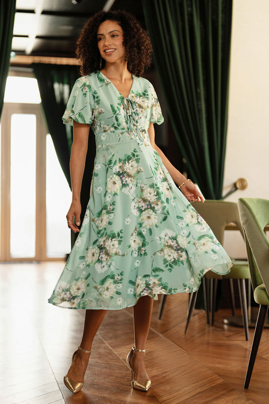 Yumi Mint Floral Tea Dress With Front Ties Dress Occasion Yumi