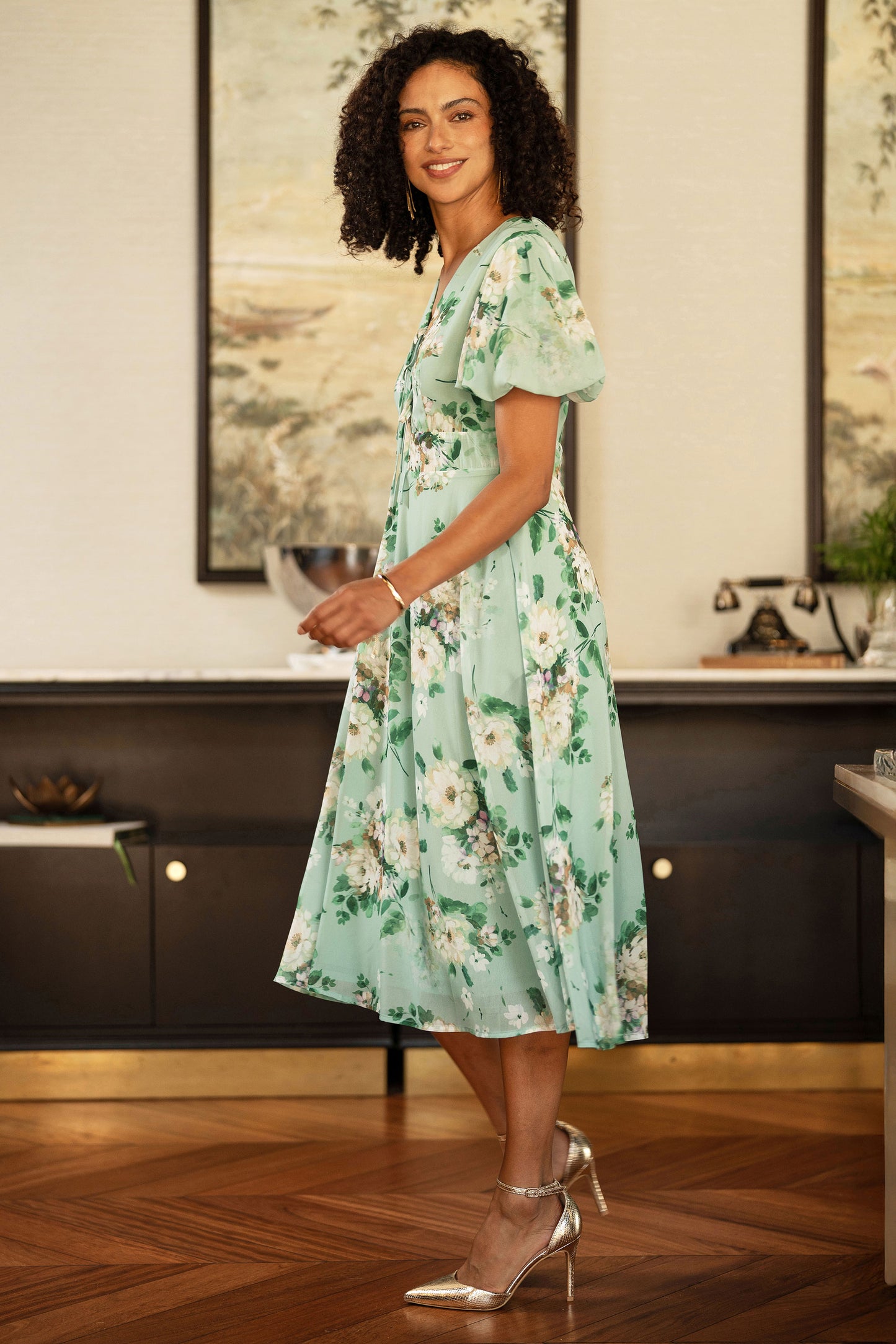 Yumi Mint Floral Tea Dress With Front Ties Dress Occasion Yumi