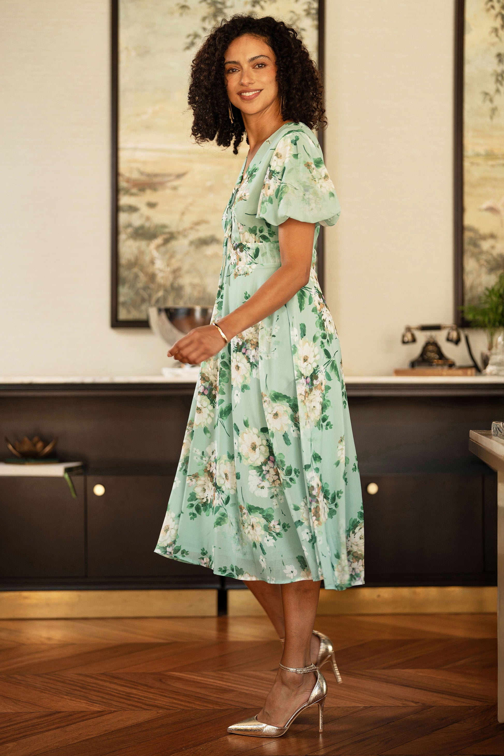 Yumi Mint Floral Tea Dress With Front Ties Dress Occasion Yumi