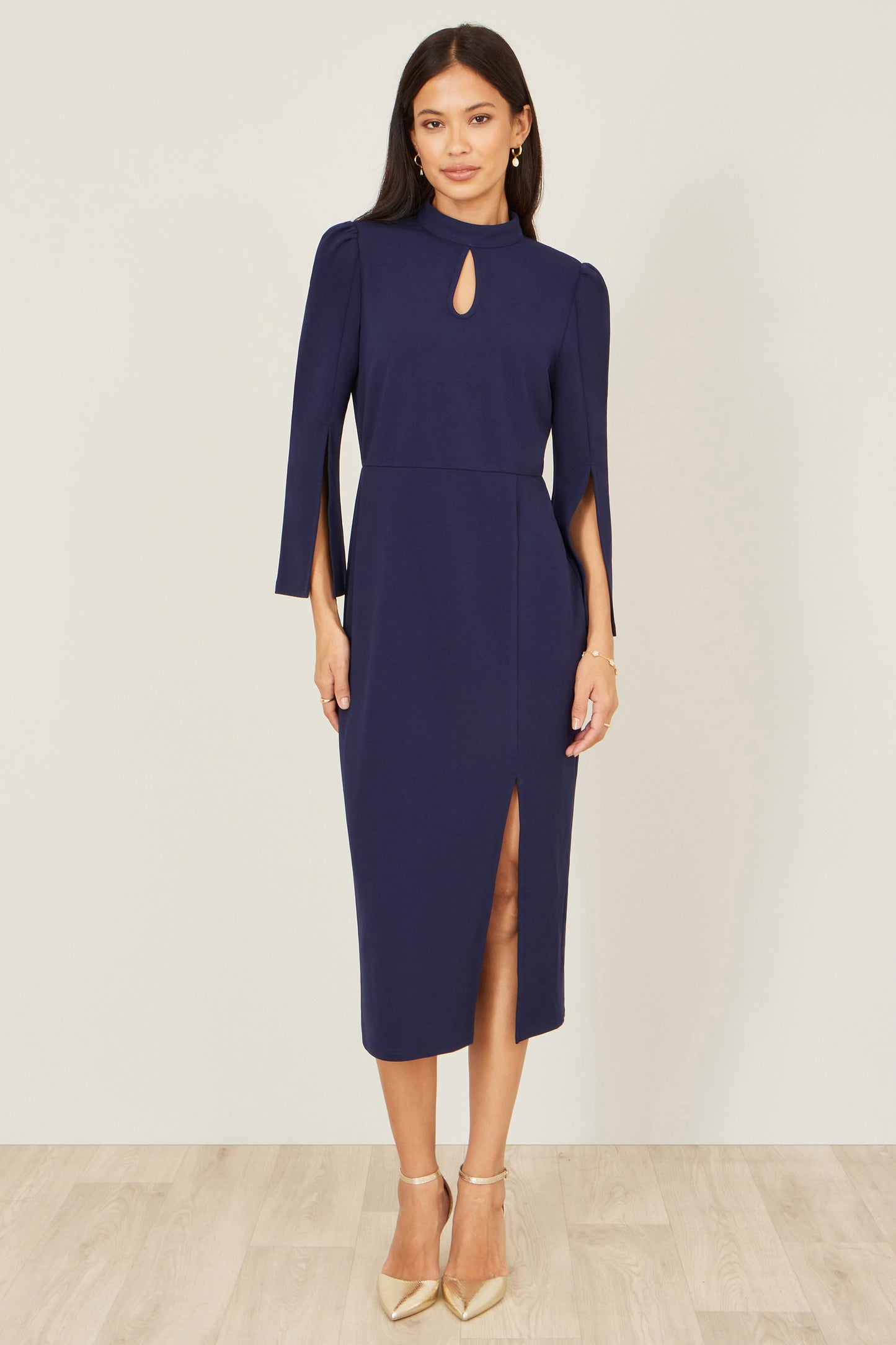 Yumi Navy Fitted Midi Dress With Flute Sleeves Dress Occasion Yumi