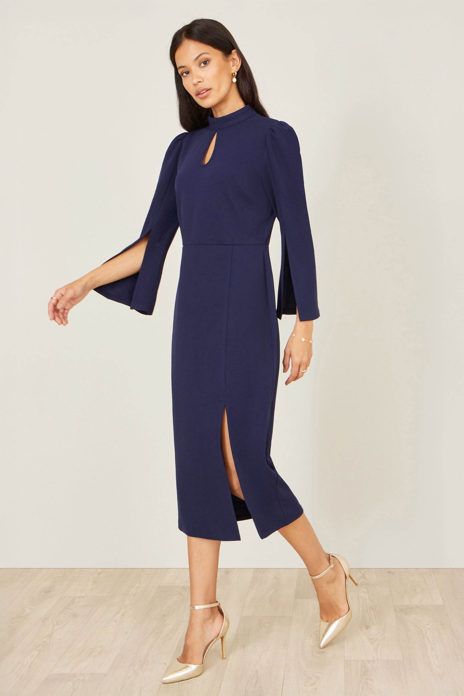 Yumi Navy Fitted Midi Dress With Flute Sleeves Dress Occasion Yumi