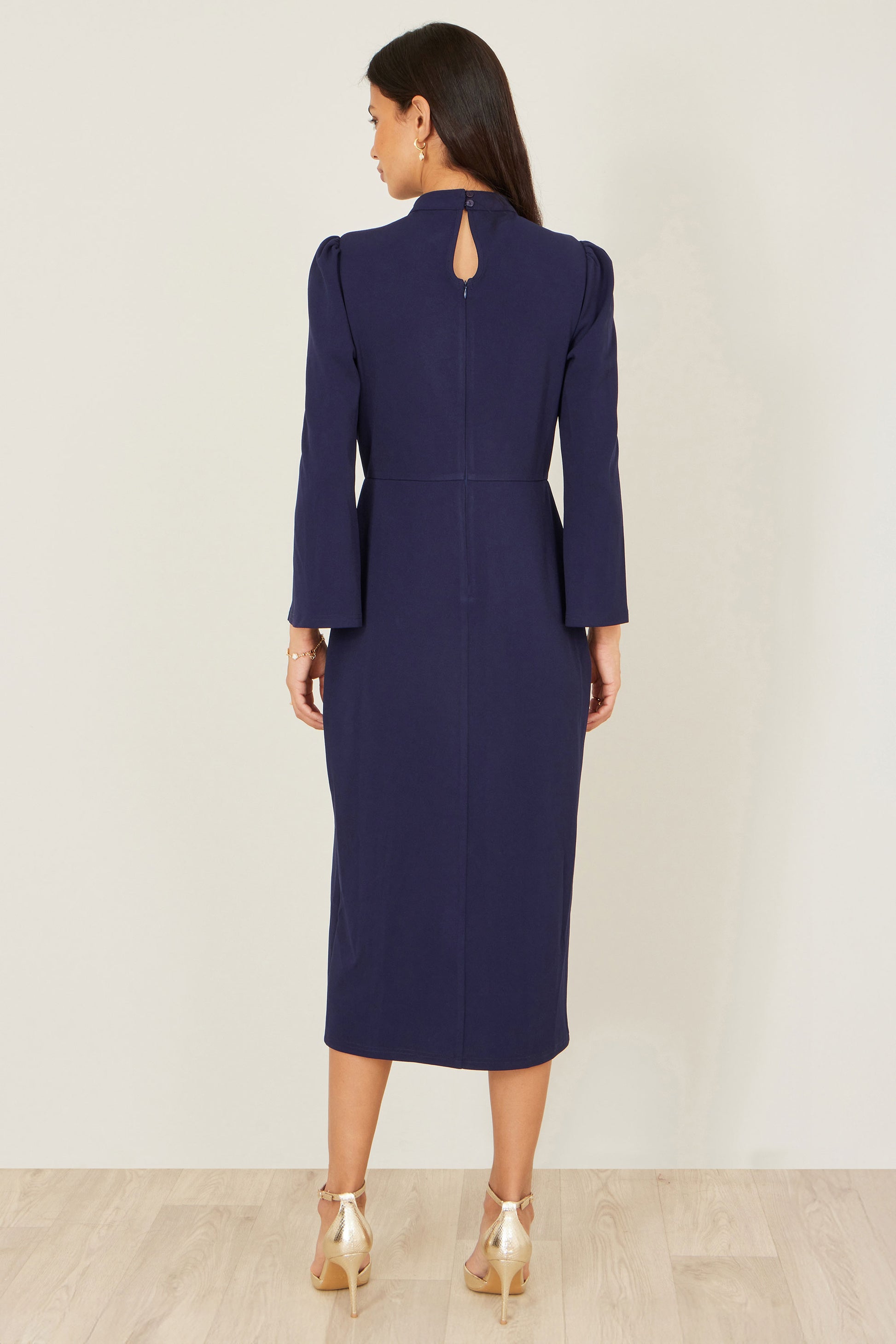 Yumi Navy Fitted Midi Dress With Flute Sleeves Dress Occasion Yumi