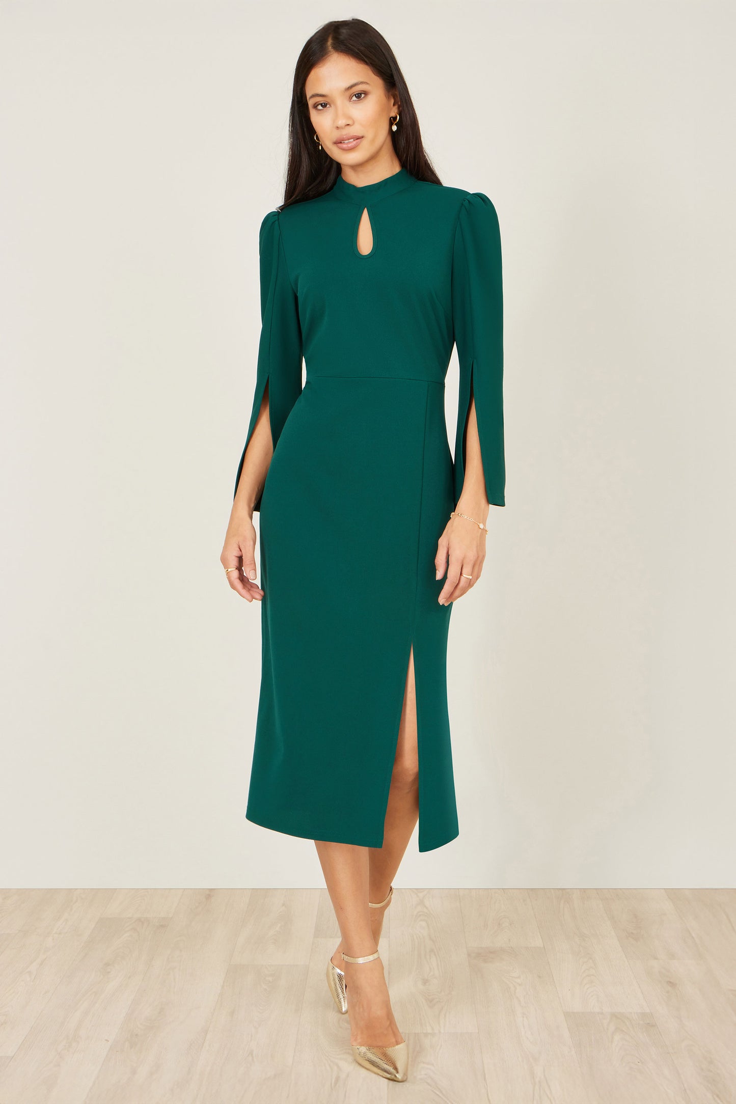 Yumi Green Fitted Midi Dress With Flute Sleeves Dress Occasion Yumi