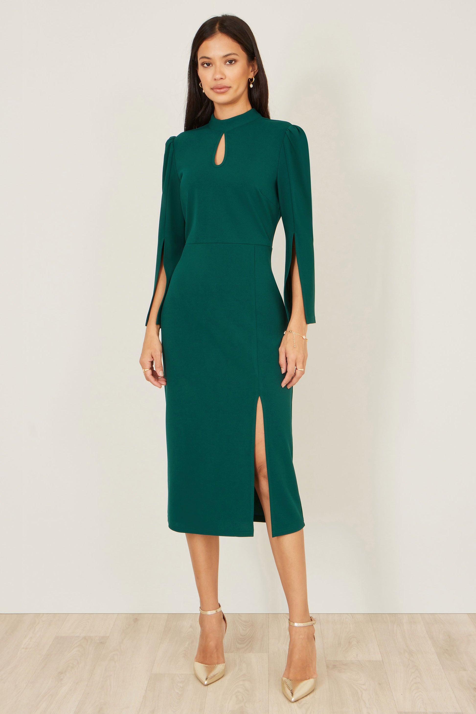 Yumi Green Fitted Midi Dress With Flute Sleeves Dress Occasion Yumi