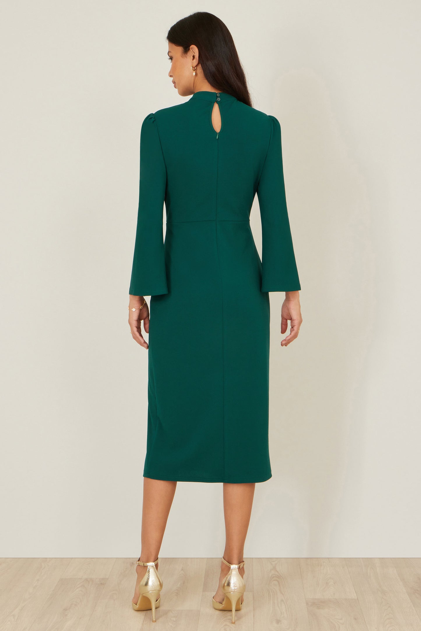 Yumi Green Fitted Midi Dress With Flute Sleeves Dress Occasion Yumi