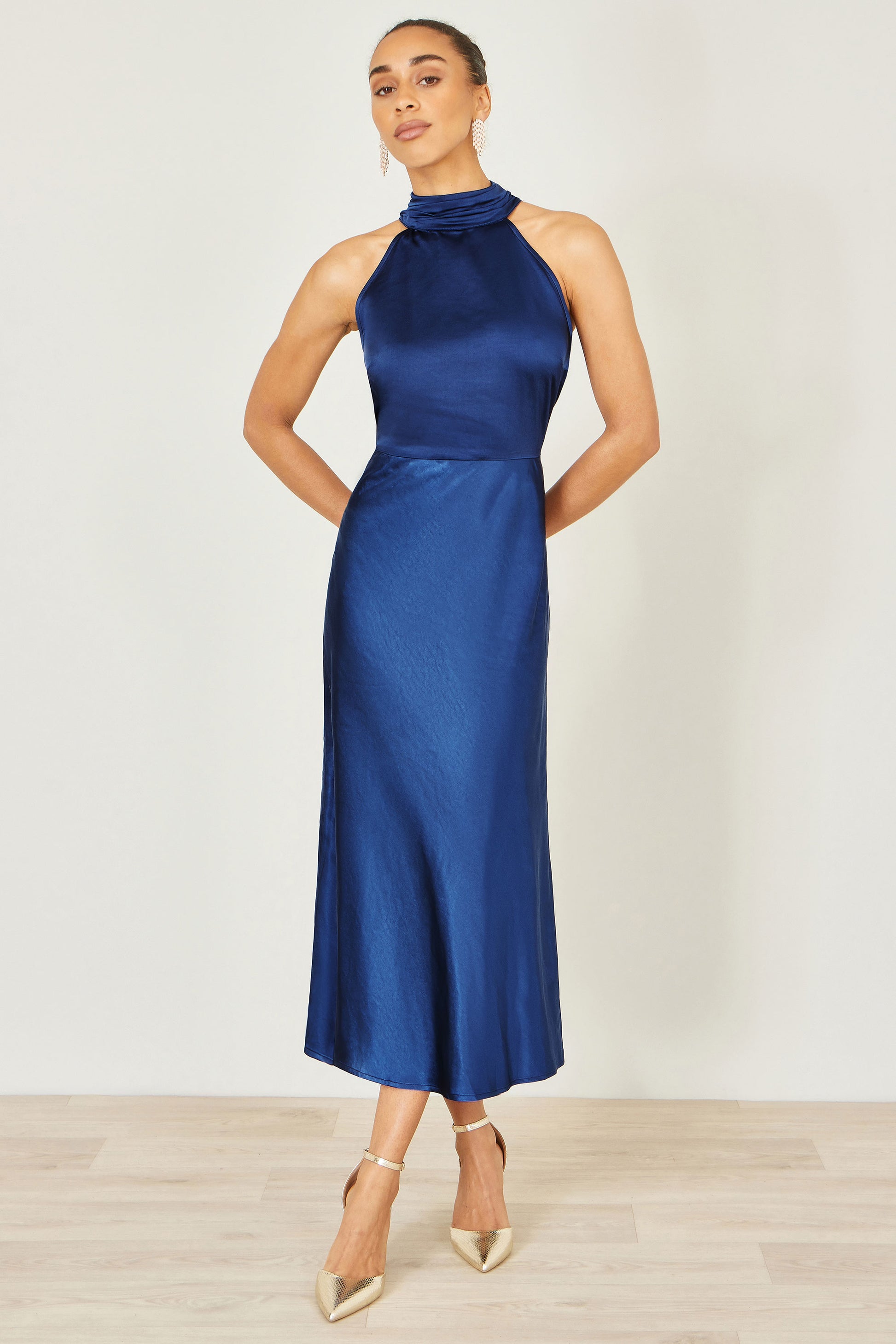 Yumi Navy Satin Halter Neck Midi Dress Dress Occasion Yumi