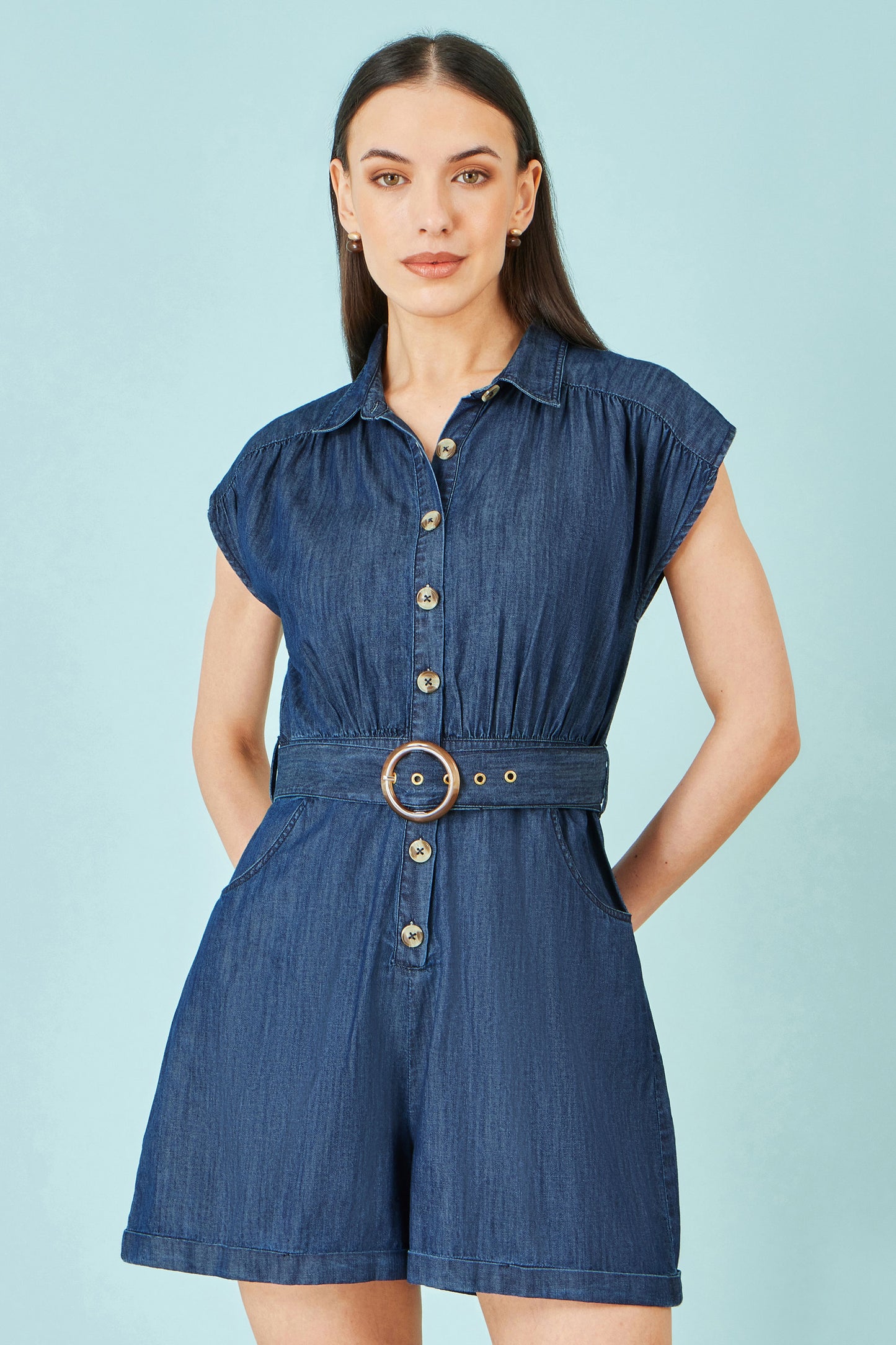 Yumi Blue Chambray Cotton Playsuit PLAYSUIT Yumi