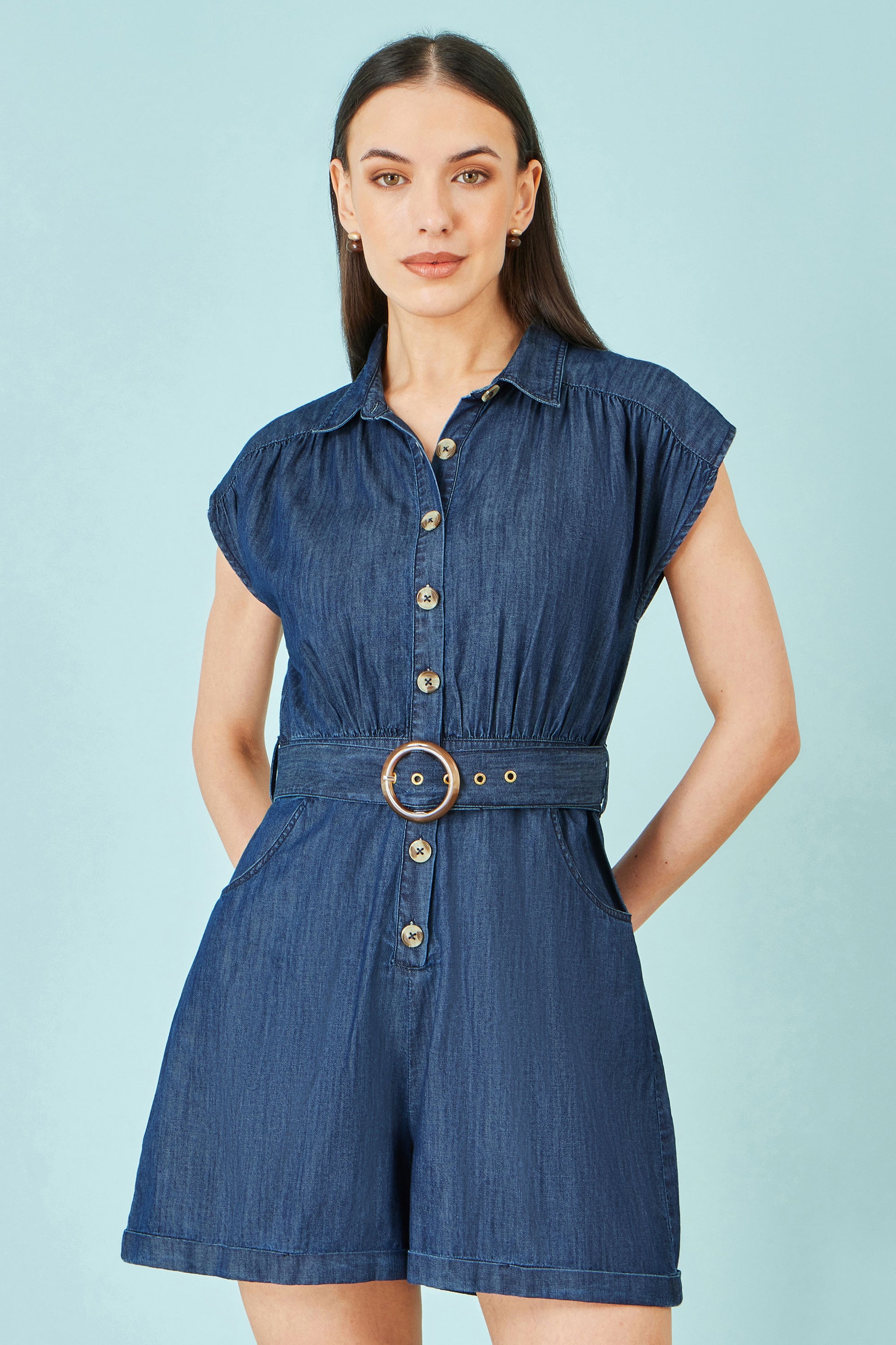 Yumi Blue Chambray Cotton Playsuit PLAYSUIT Yumi