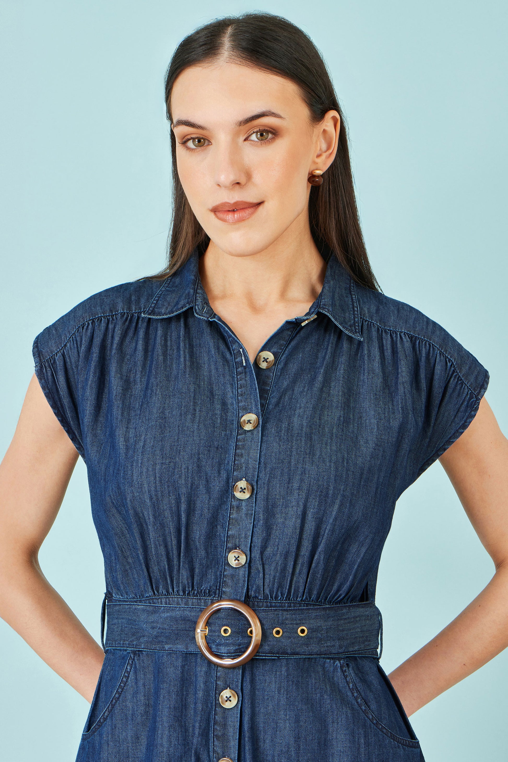 Yumi Blue Chambray Cotton Playsuit PLAYSUIT Yumi