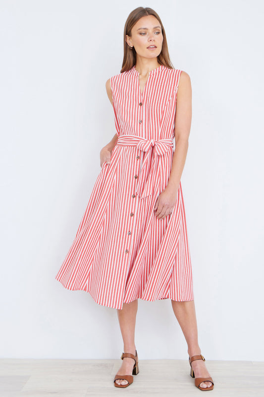 Yumi Red Stripe Midi Sleeveless Shirt Dress Dress Casual Yumi