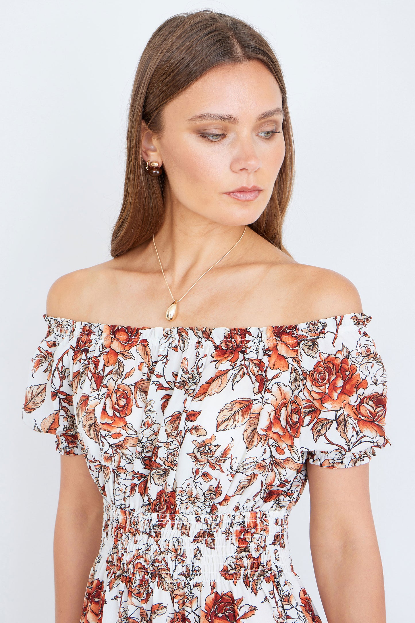 Yumi Orange Floral Ruched Waist Midi Dress Dress Casual Yumi