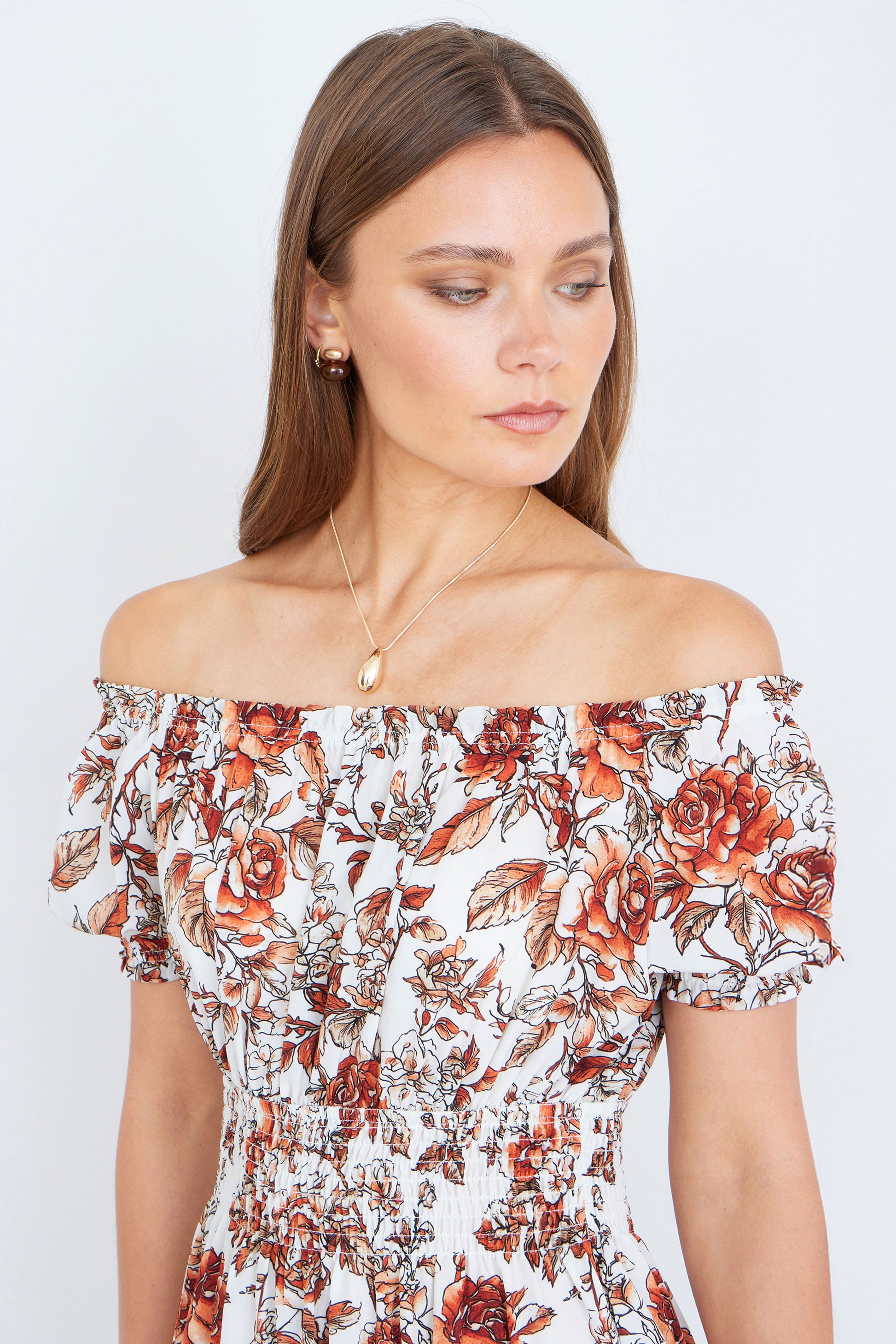 Yumi Orange Floral Ruched Waist Midi Dress Dress Casual Yumi