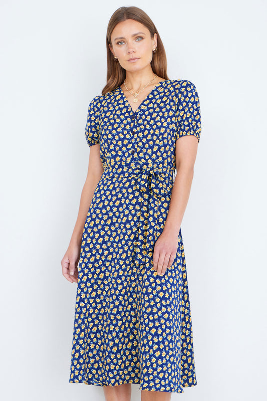 Yumi Navy Floral Midi Shirt Dress Dress Casual Yumi