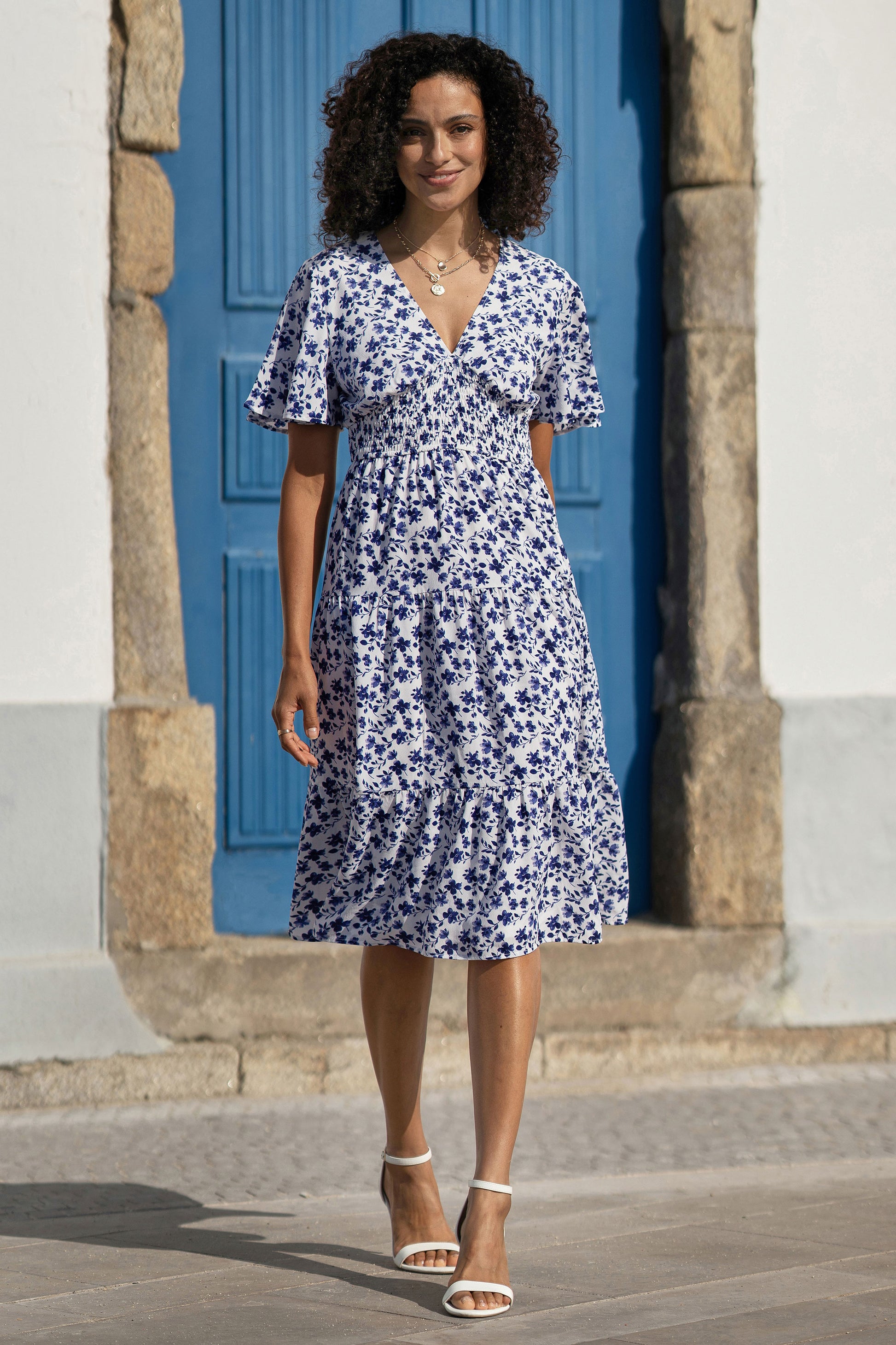 Yumi Blue Floral Ruched Waist Midi Dress With Angel Sleeves Dress Casual Yumi