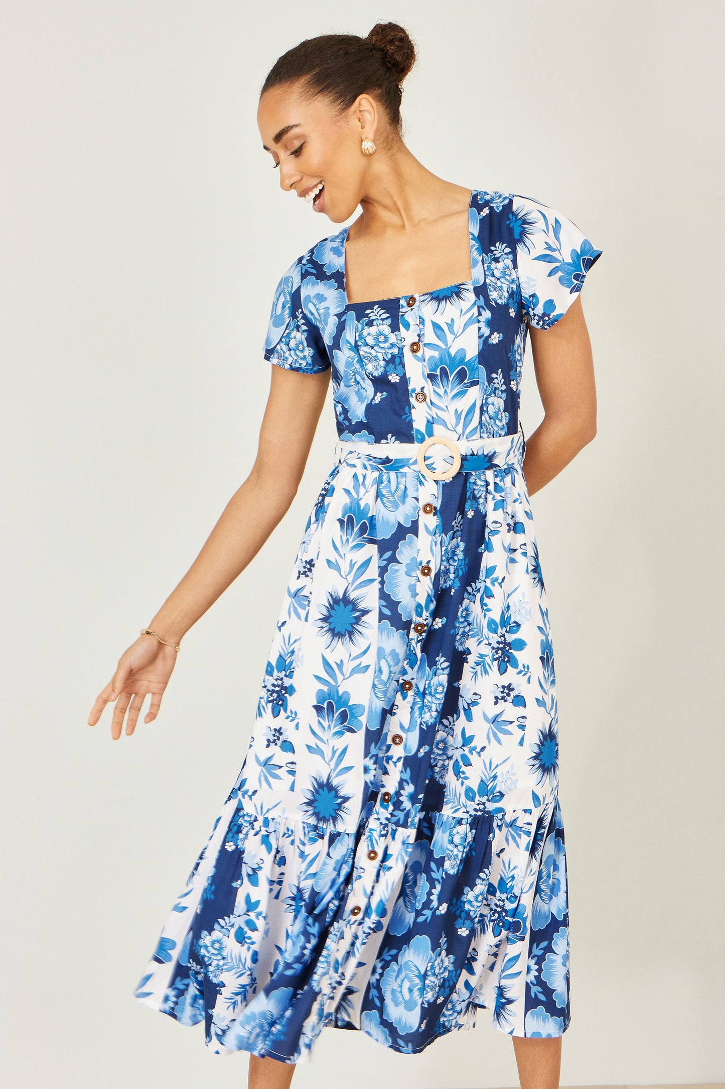Yumi Blue Floral Viscose Midi Shirt Dress With Matching Belt Dress Casual Yumi