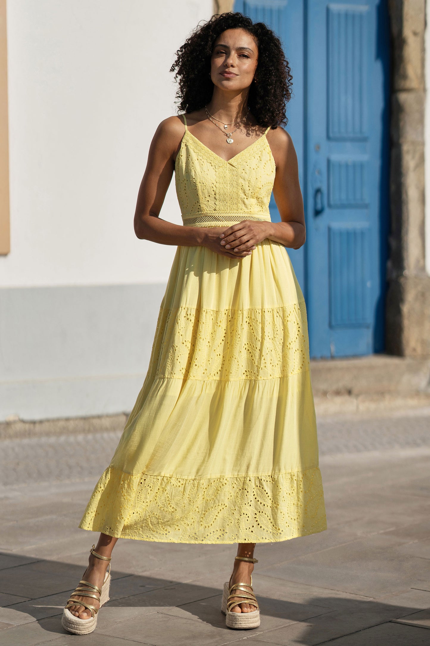 Yumi Butter Yellow Cotton Lace Trim Midi Dress Beachwear Yumi