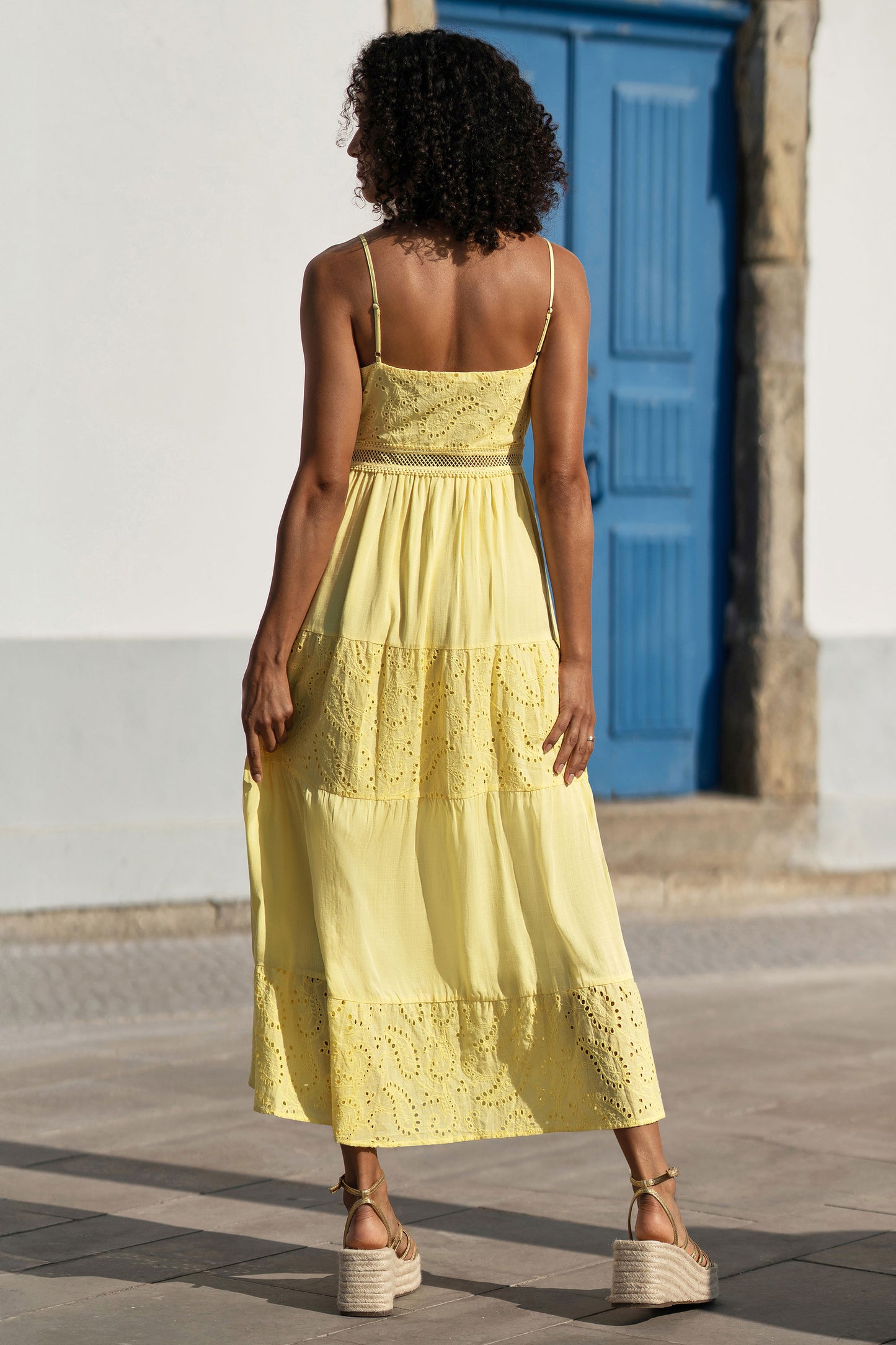 Yumi Butter Yellow Cotton Lace Trim Midi Dress Beachwear Yumi