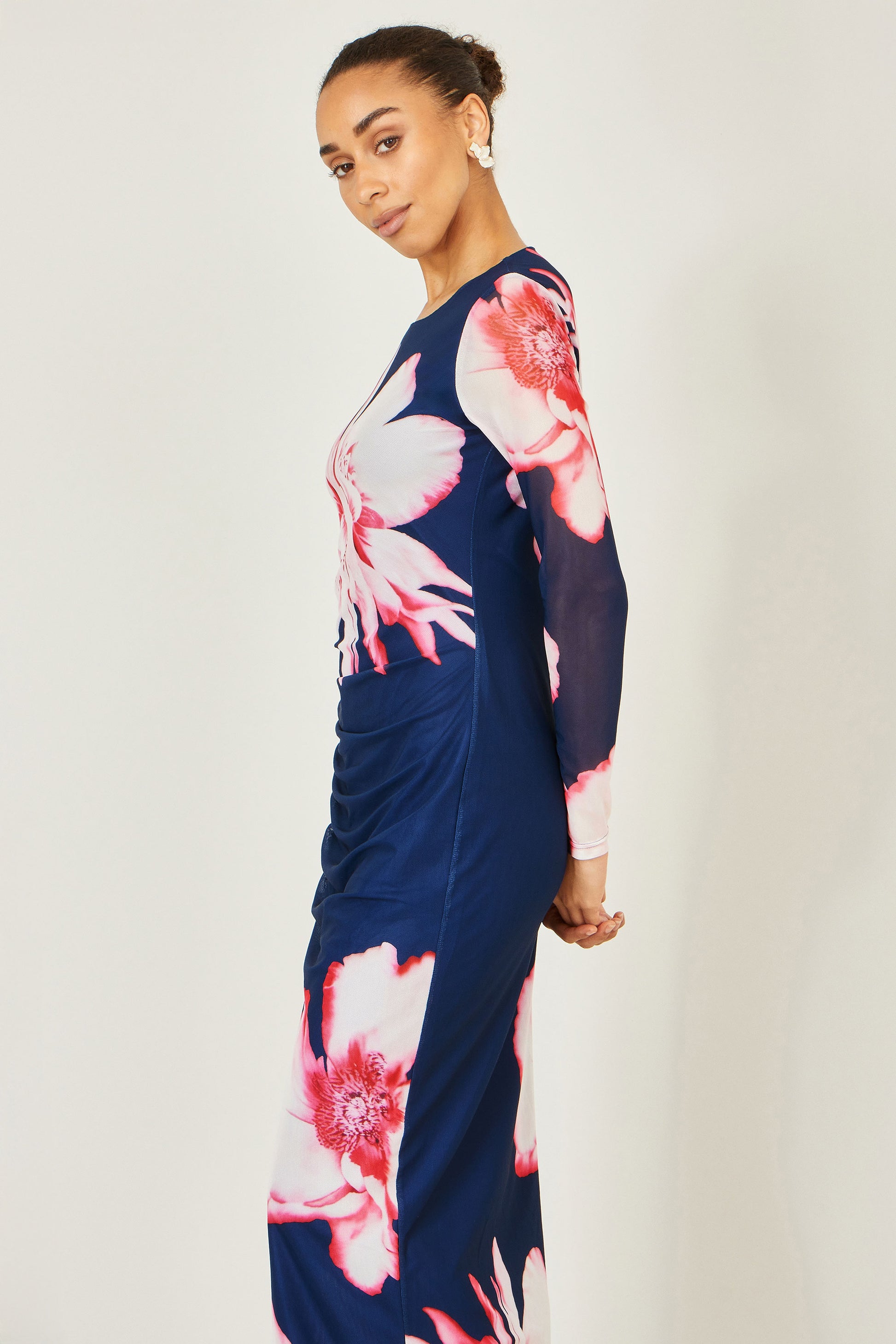 Yumi Navy Floral Placement Floral Long Sleeve Mesh Maxi Dress Dress Occasion Yumi