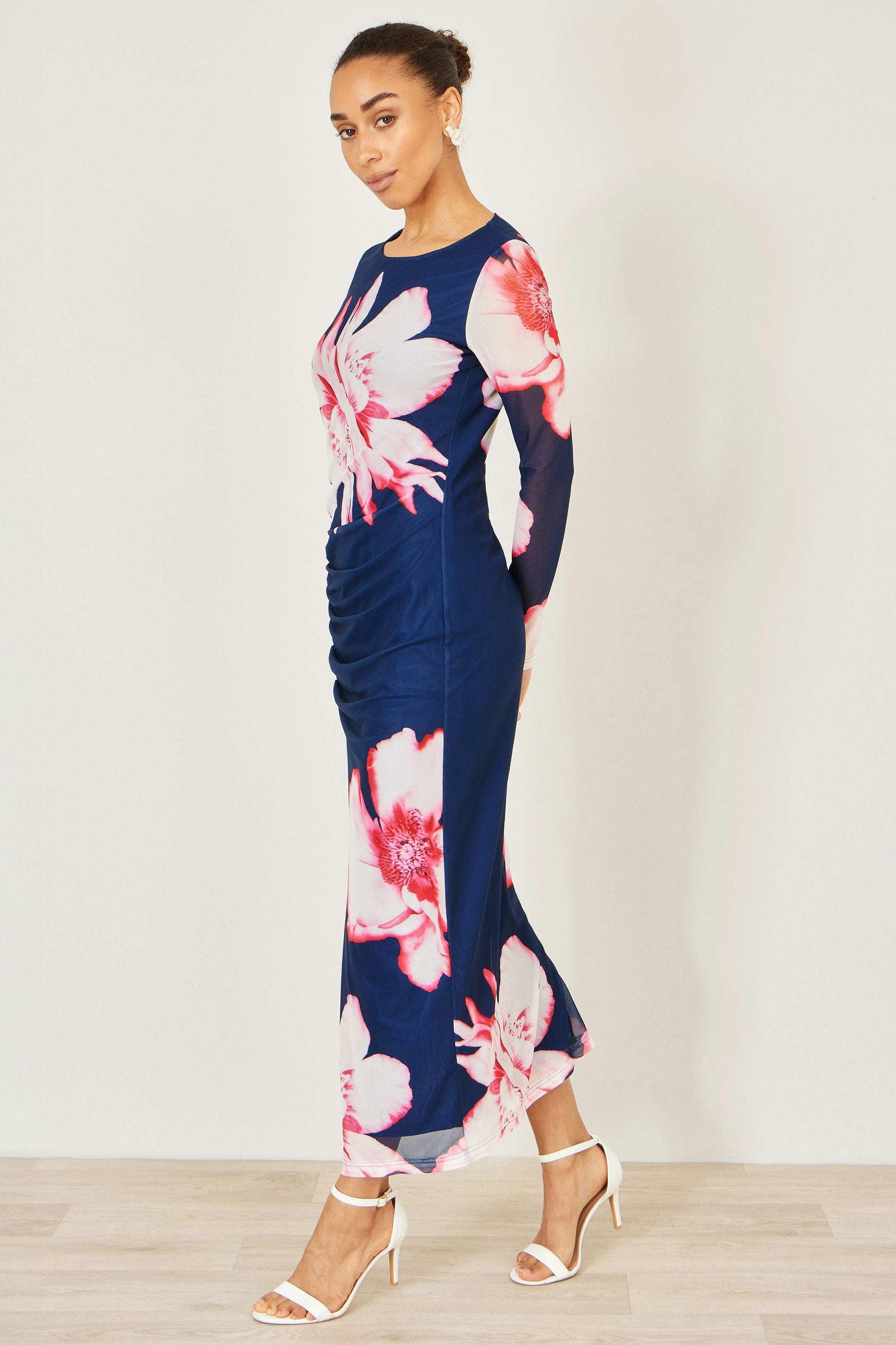 Yumi Navy Floral Placement Floral Long Sleeve Mesh Maxi Dress Dress Occasion Yumi