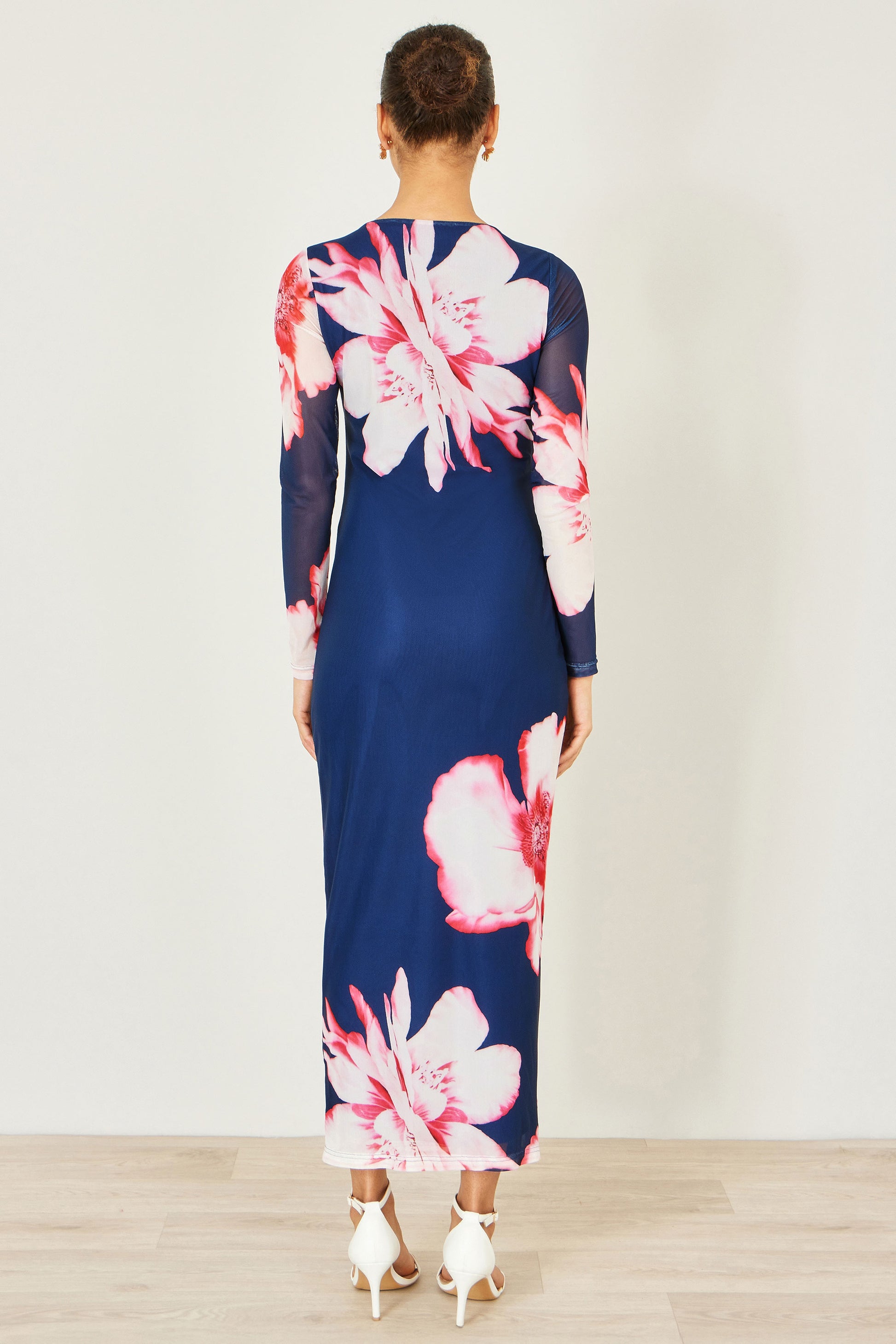 Yumi Navy Floral Placement Floral Long Sleeve Mesh Maxi Dress Dress Occasion Yumi