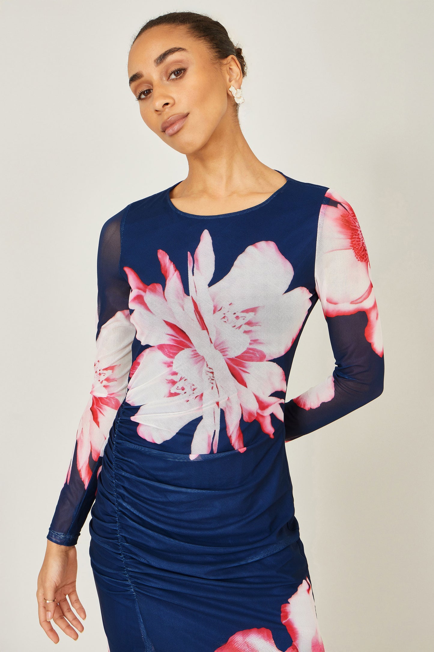 Yumi Navy Floral Placement Floral Long Sleeve Mesh Maxi Dress Dress Occasion Yumi