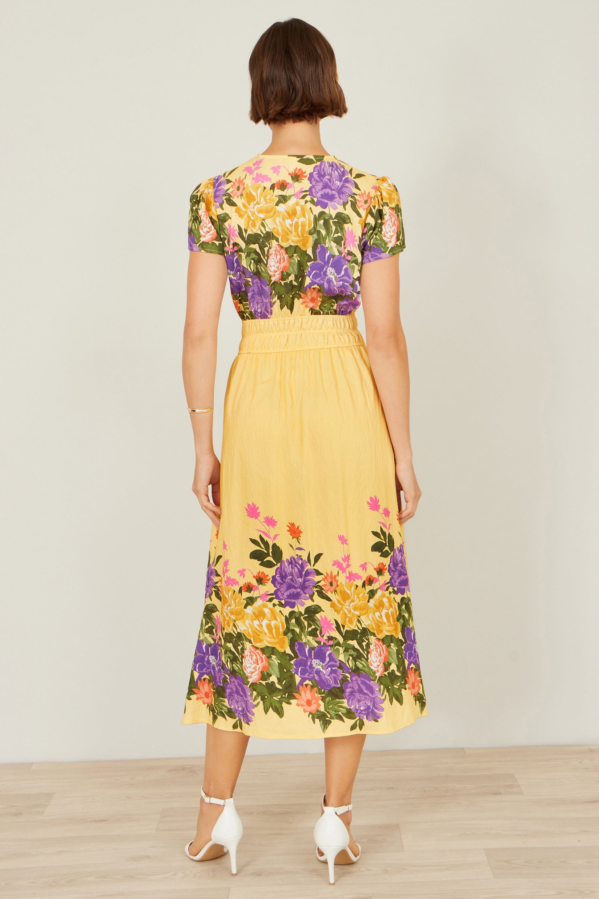 Yumi Butter Yellow Floral Mirror Print Viscose Midi Dress Dress Occasion Yumi