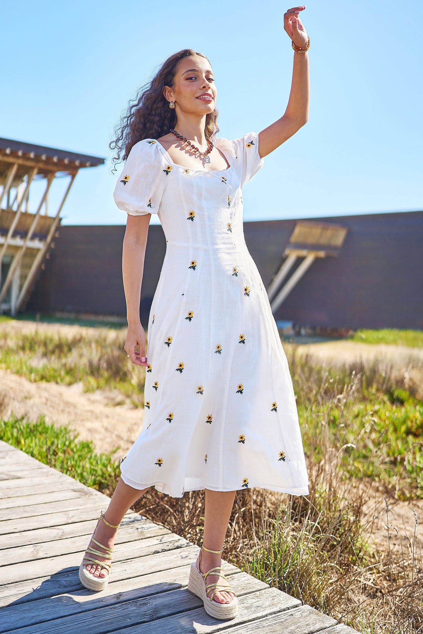 Yumi White Cotton Sunflower Embroidered Midi Dress Dress Casual Yumi