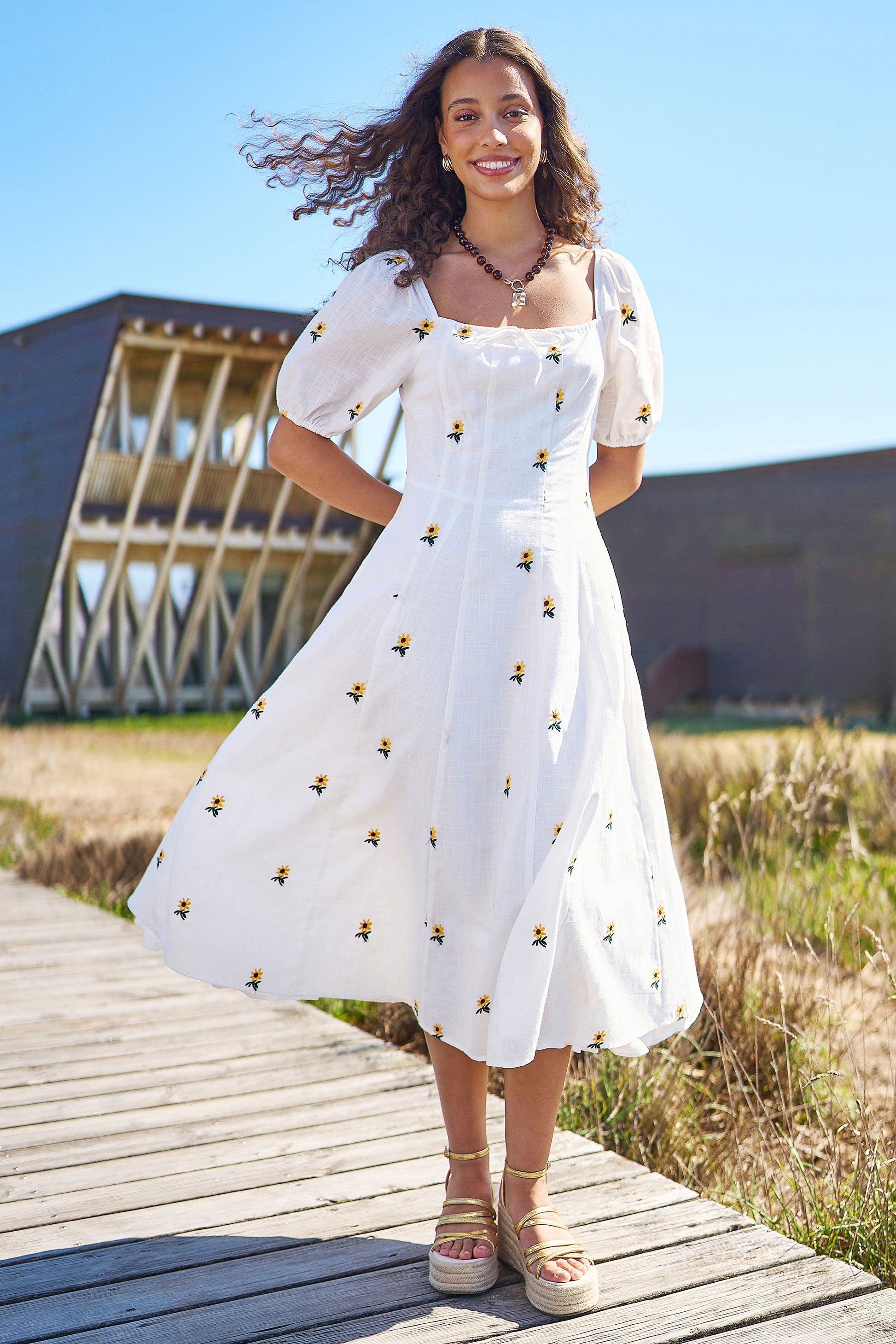 Yumi White Cotton Sunflower Embroidered Midi Dress Dress Casual Yumi