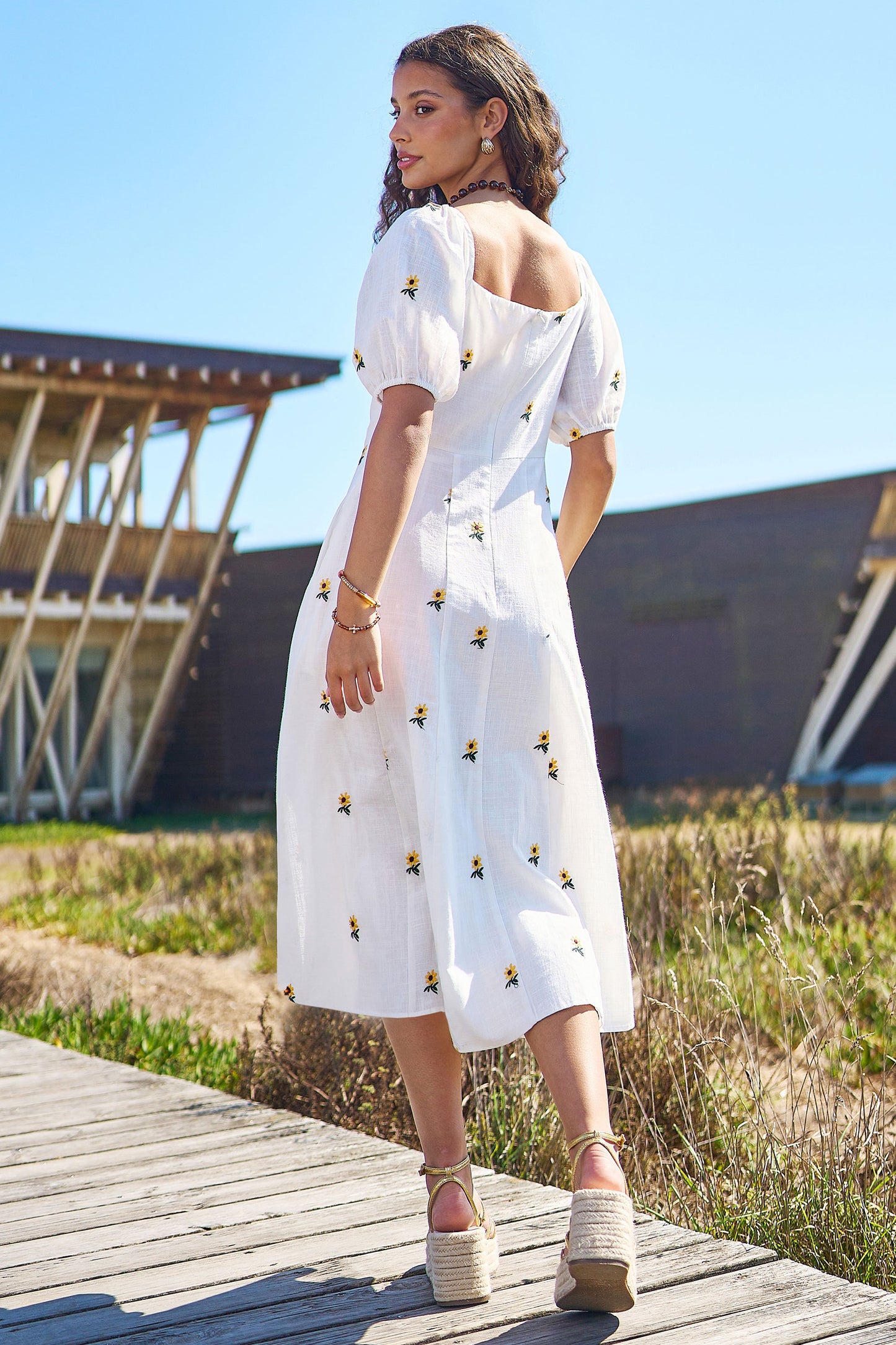 Yumi White Cotton Sunflower Embroidered Midi Dress Dress Casual Yumi