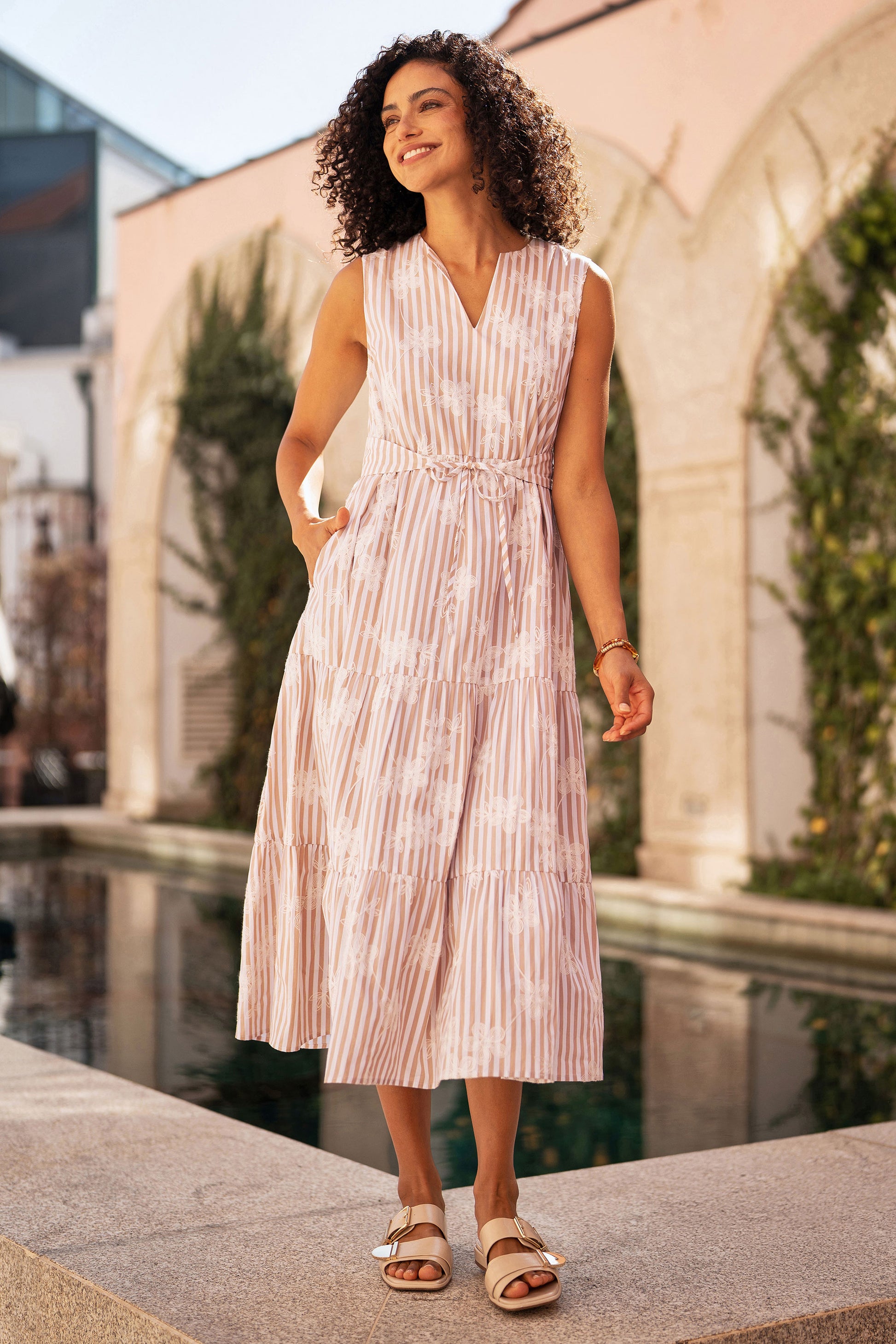 Yumi Brown Stripe With Embroidered Flower Cotton Dress Dress Casual Yumi