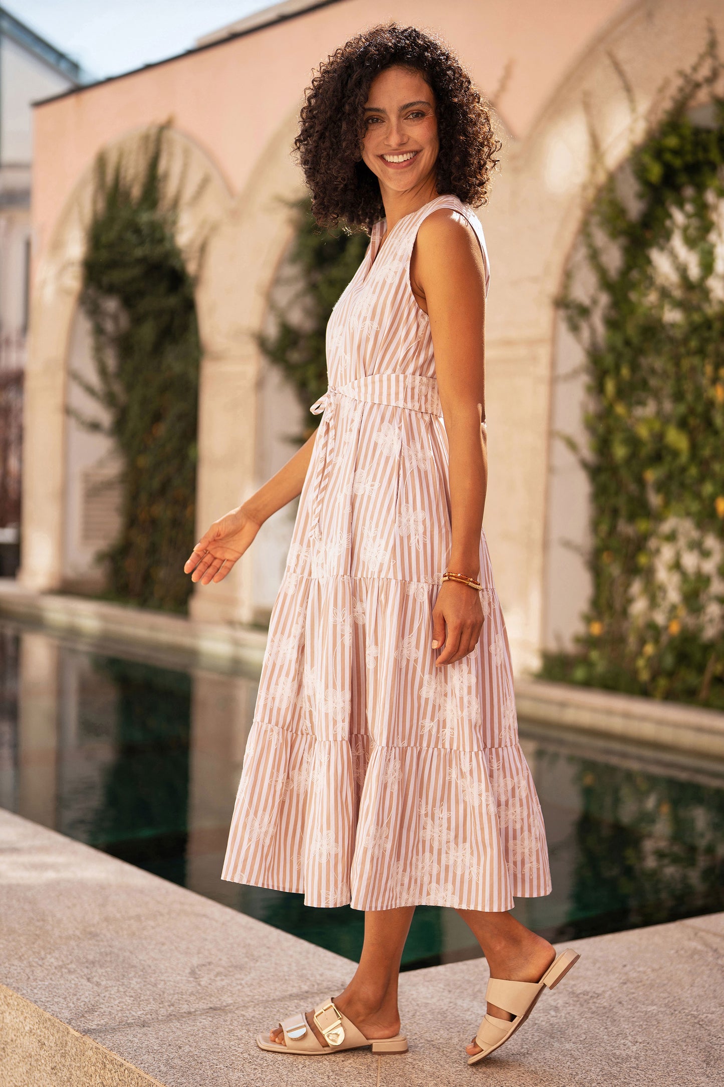 Yumi Brown Stripe With Embroidered Flower Cotton Dress Dress Casual Yumi