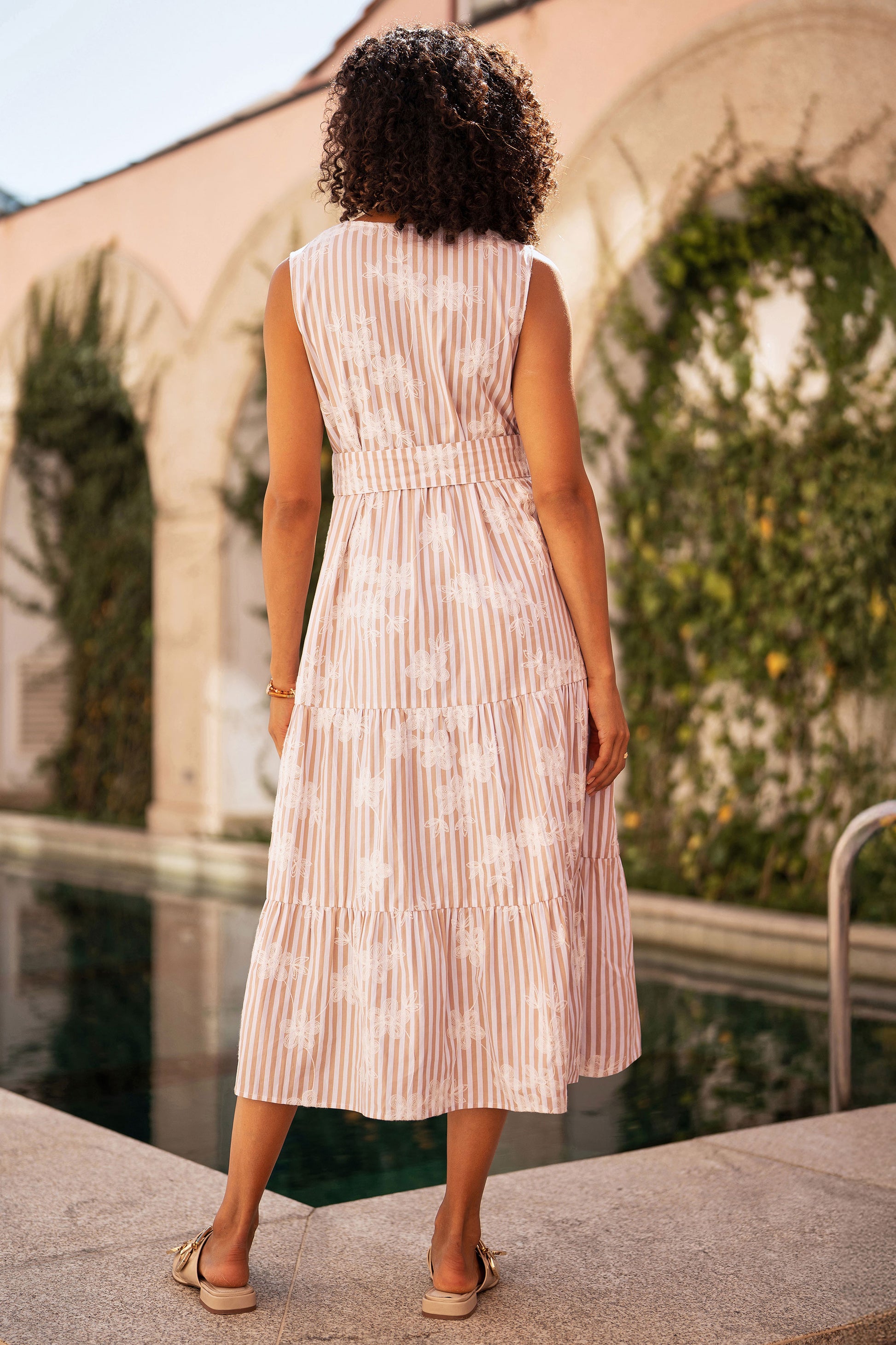 Yumi Brown Stripe With Embroidered Flower Cotton Dress Dress Casual Yumi