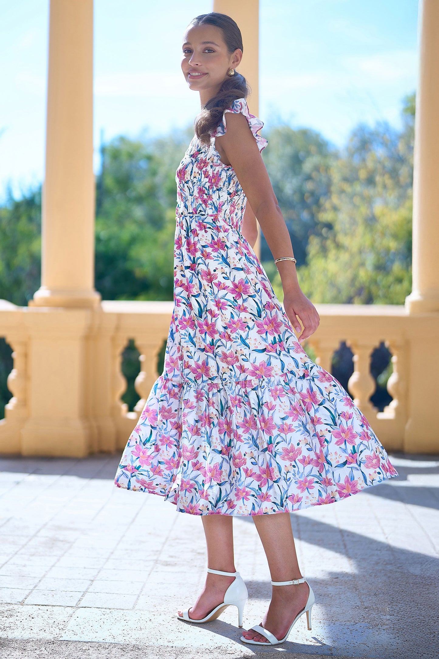 Yumi White Viscose Floral Ruched Waist Midi Dress Dress Casual Yumi