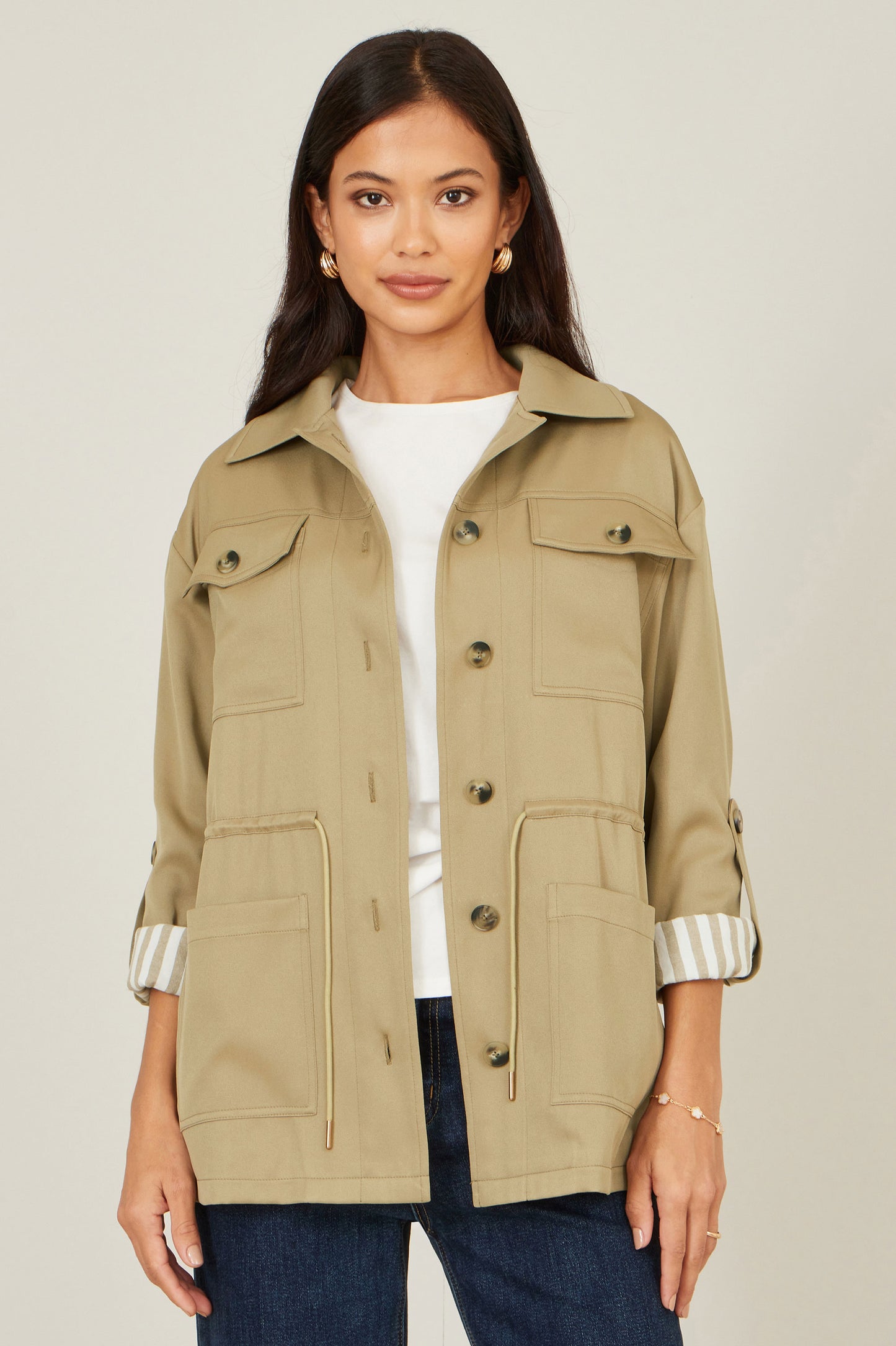 Yumi Green Utility Jacket With Drawstring Waist and Stripe Lining Outerwear Yumi