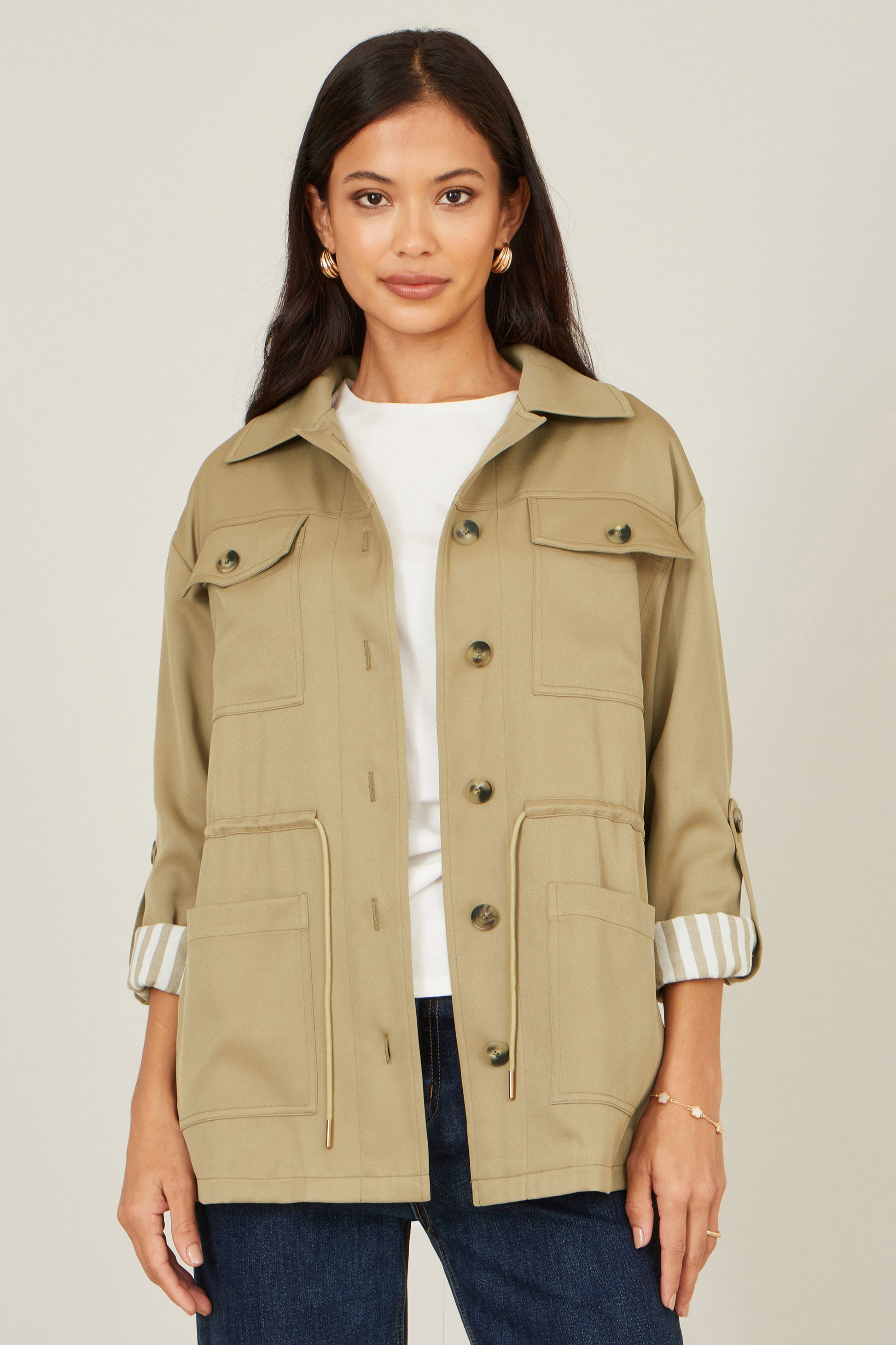 Yumi Green Utility Jacket With Drawstring Waist and Stripe Lining Outerwear Yumi