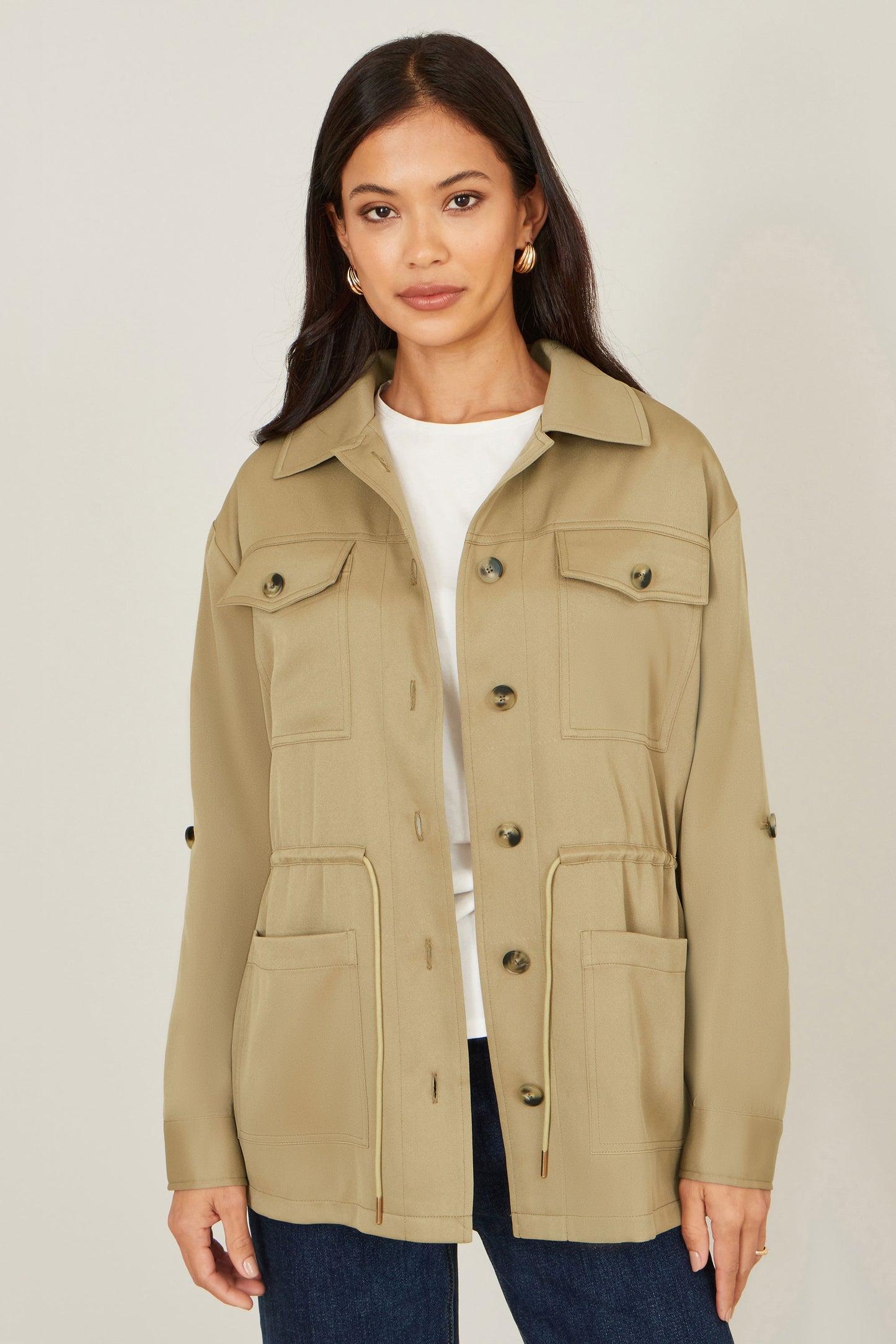 Yumi Green Utility Jacket With Drawstring Waist and Stripe Lining Outerwear Yumi