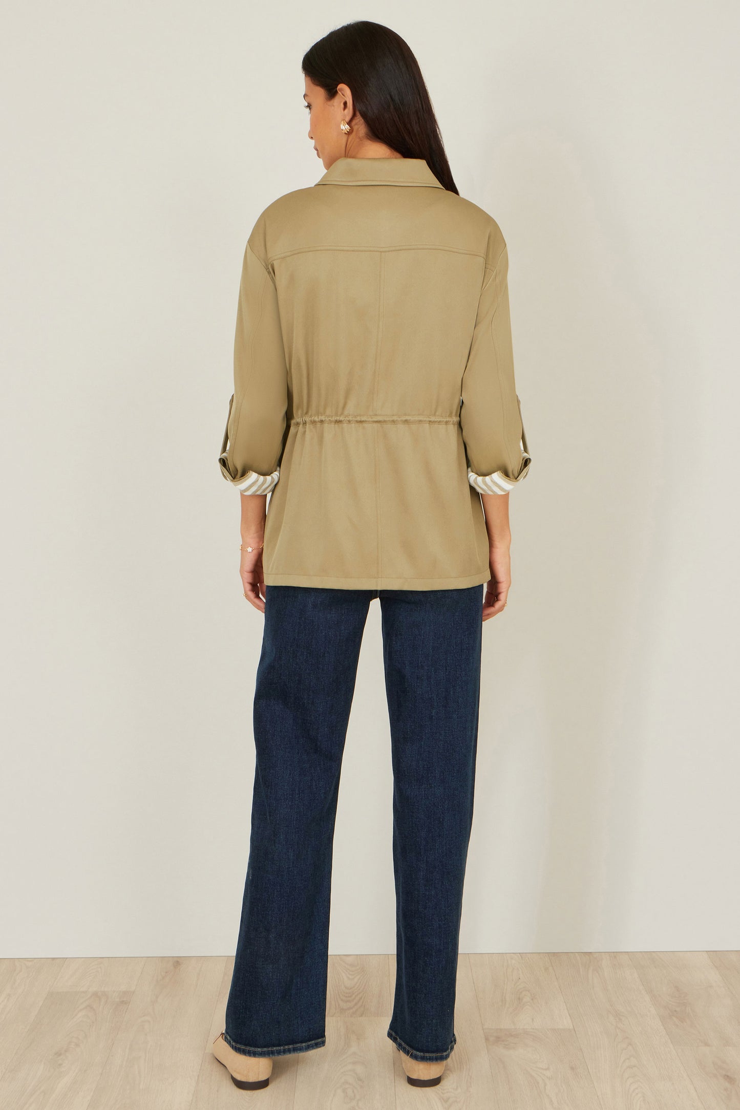 Yumi Green Utility Jacket With Drawstring Waist and Stripe Lining Outerwear Yumi