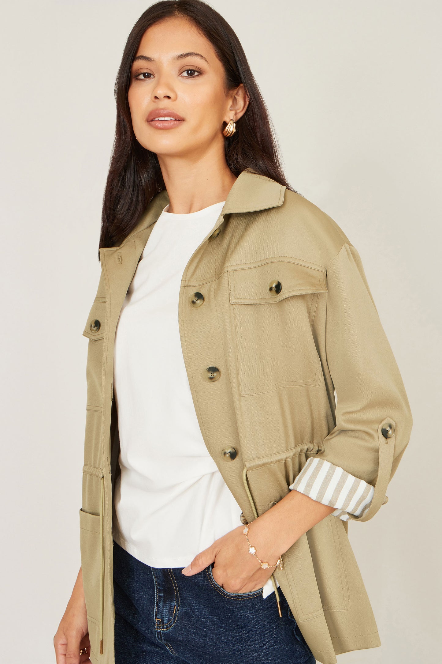 Yumi Green Utility Jacket With Drawstring Waist and Stripe Lining Outerwear Yumi