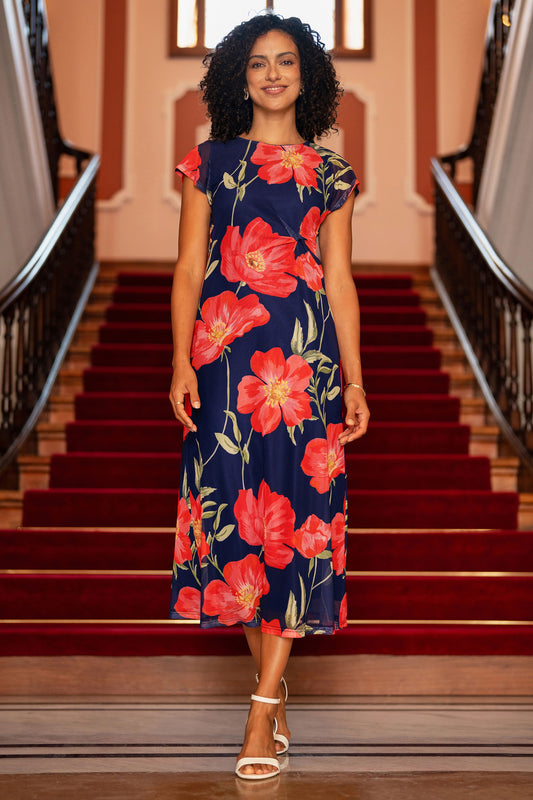 Yumi Navy Poppy Print Midi Mesh Dress Dress Occasion Yumi