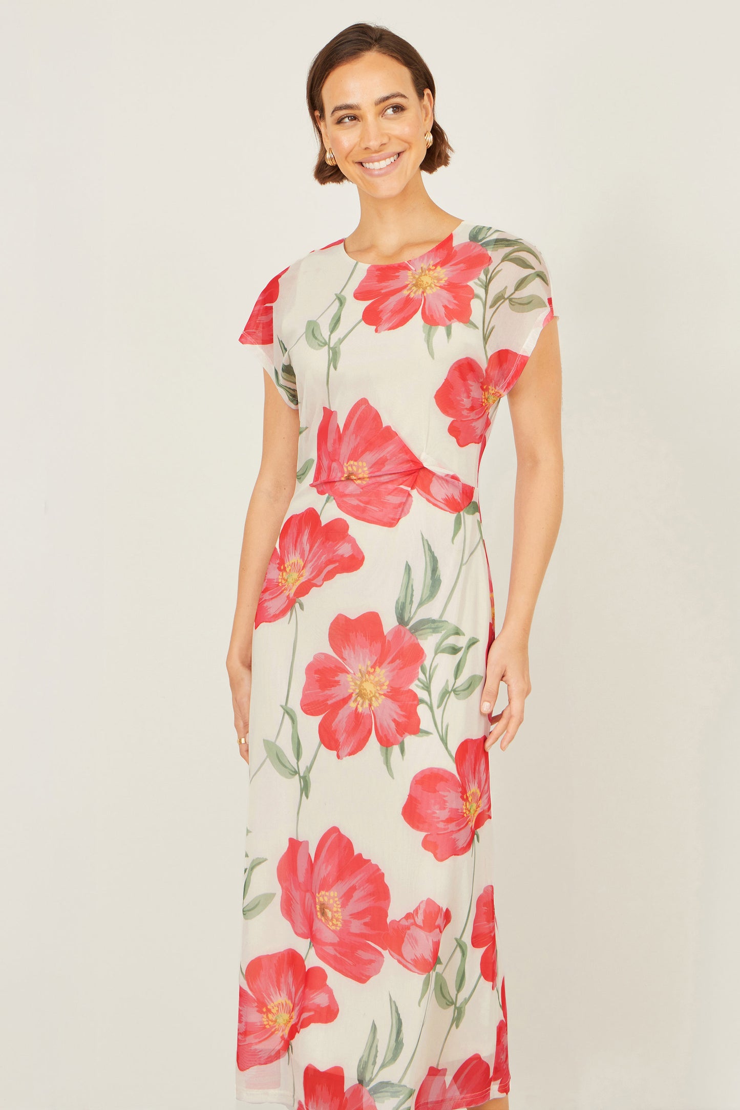 Yumi Ivory Poppy Print Midi Mesh Dress Dress Occasion Yumi