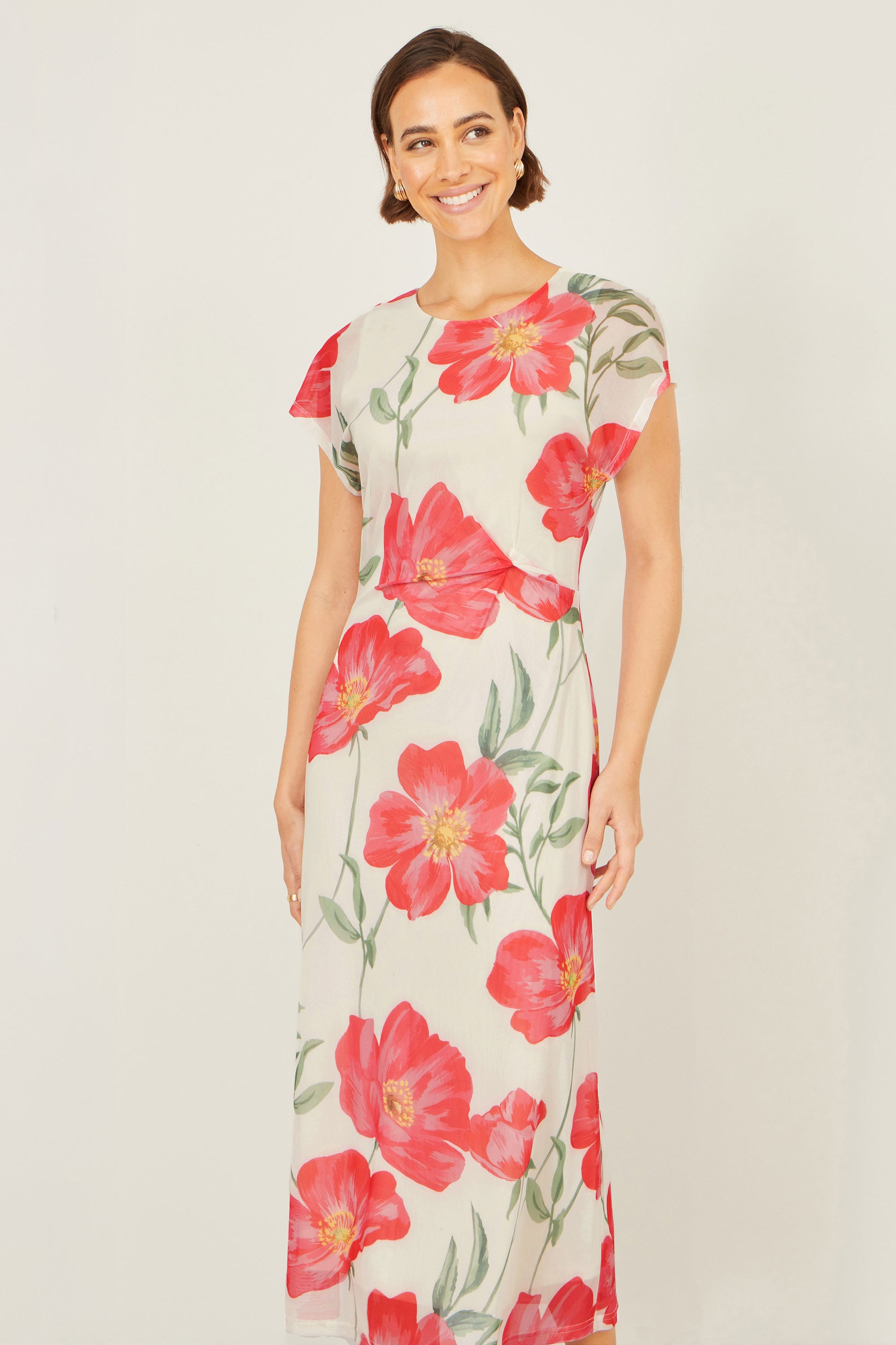 Yumi Ivory Poppy Print Midi Mesh Dress Dress Occasion Yumi
