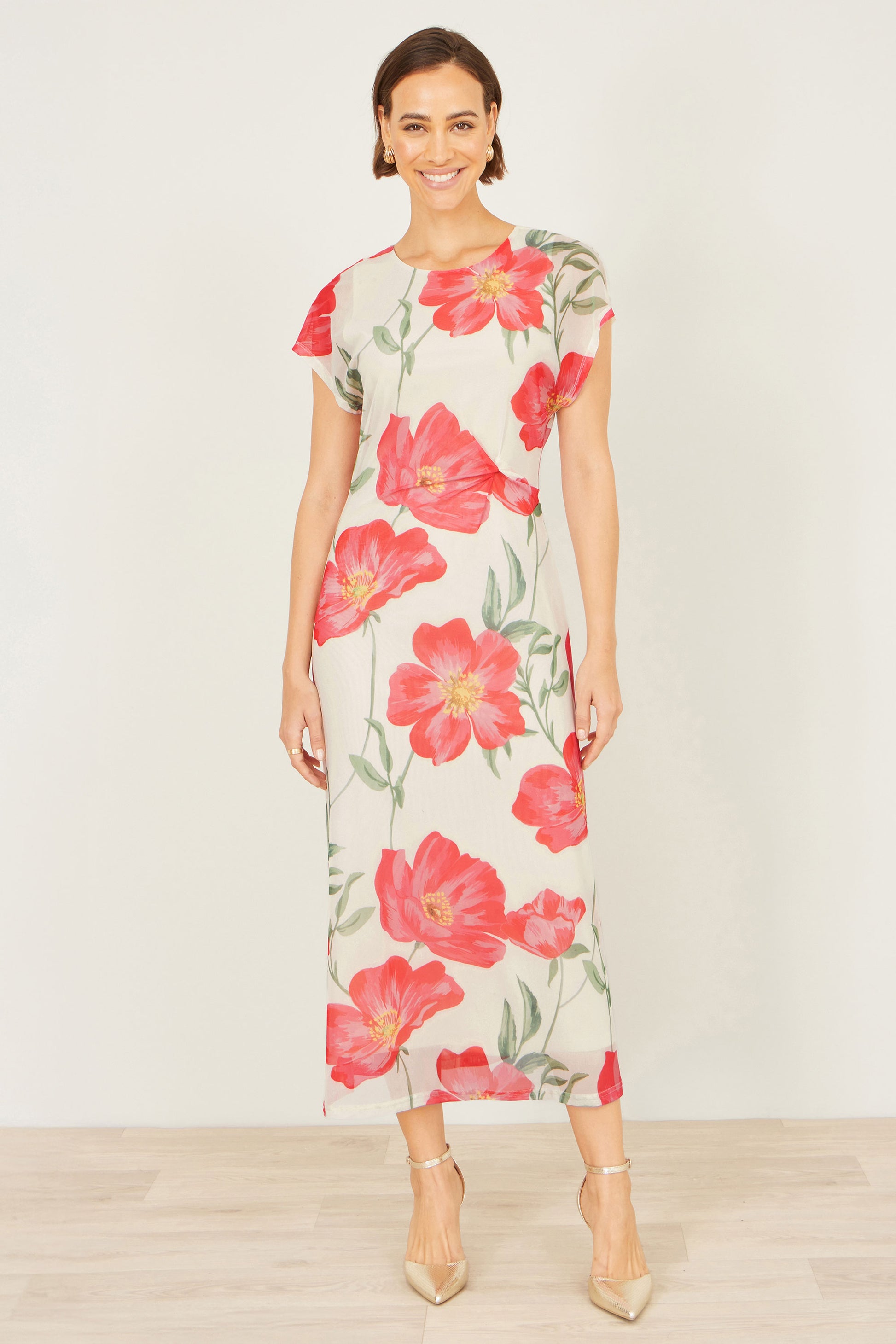 Yumi Ivory Poppy Print Midi Mesh Dress Dress Occasion Yumi