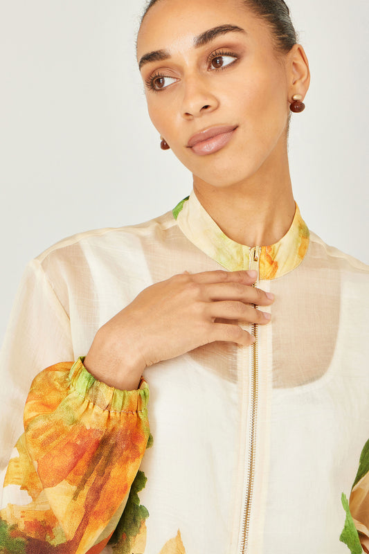 Yumi Beige Printed Lightweight Modal Bomber Jacket Outerwear Yumi