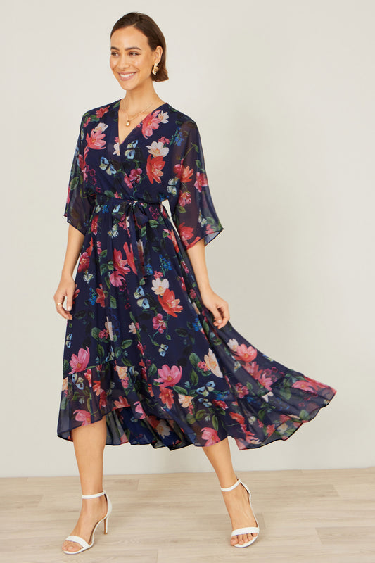 Yumi Navy Floral Kimono Wrap Dress With Dip Hem Dress Occasion Yumi