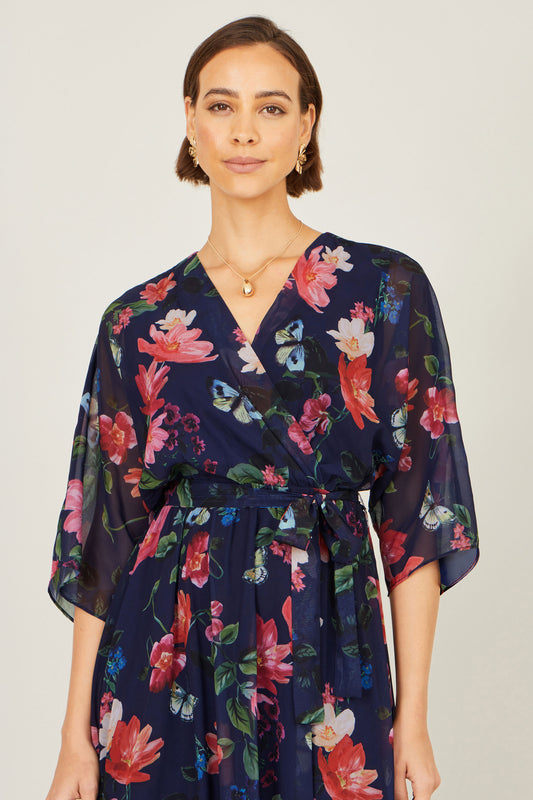 Yumi Navy Floral Kimono Wrap Dress With Dip Hem Dress Occasion Yumi
