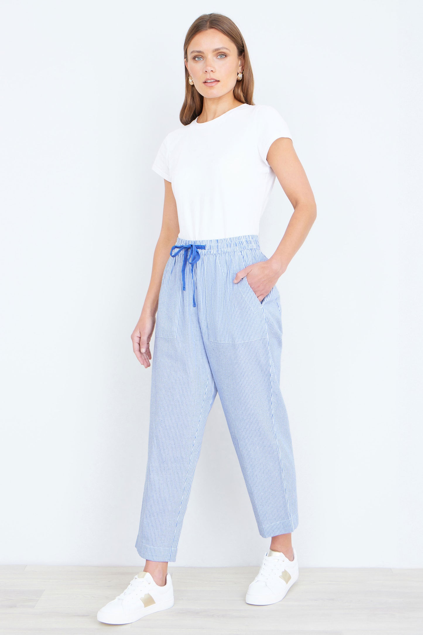Yumi Blue Cotton Stripe Cropped Trousers TROUSER Yumi